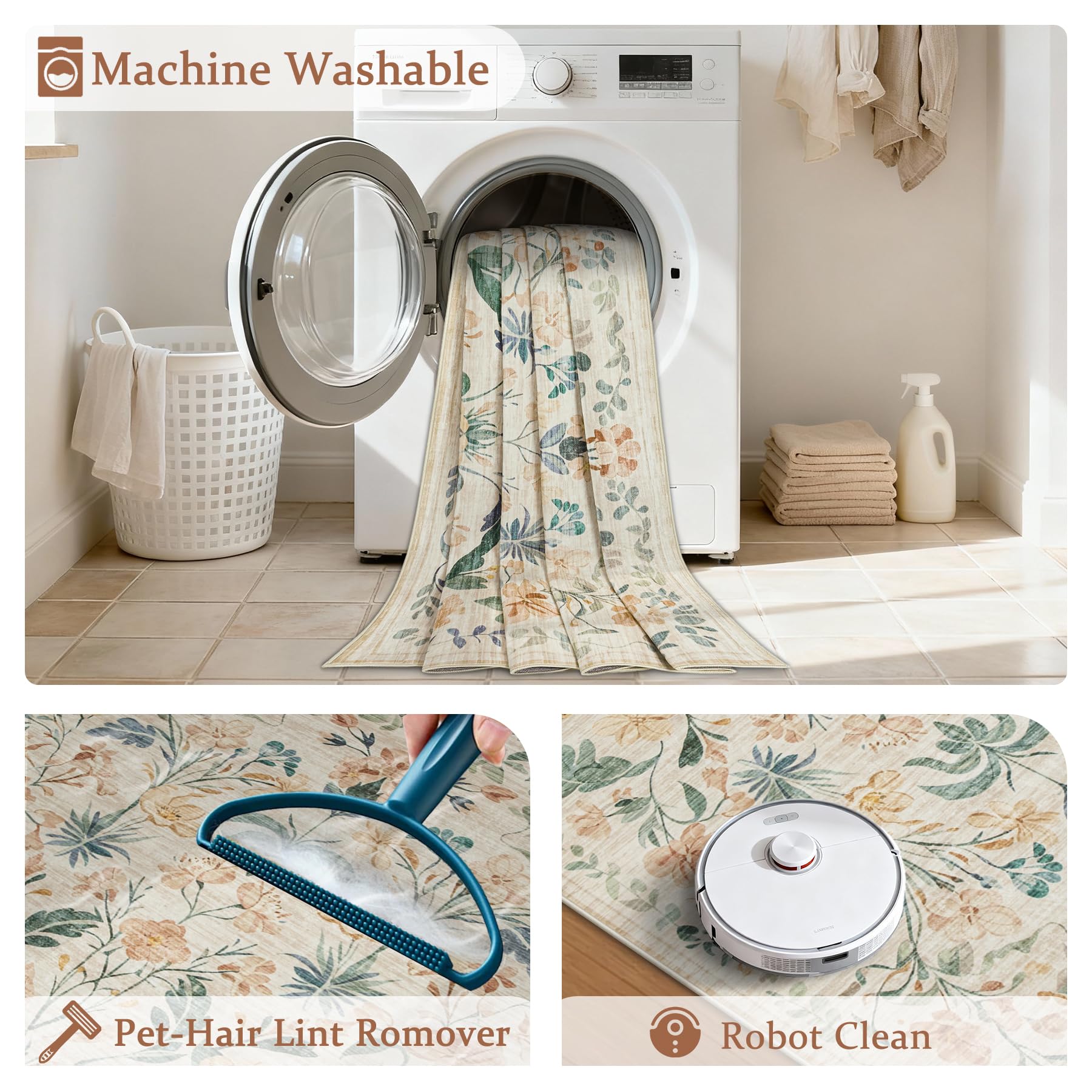 Waschbarer Teppich: Boho-Wohnzimmerteppich, weich, rutschfest, Niederflor-Teppich, Innenboden, fusselfrei, neutrale Blumenteppiche für Schlafzimmer, Esszimmer, Bauernhaus, Kinderzimmer, Beige