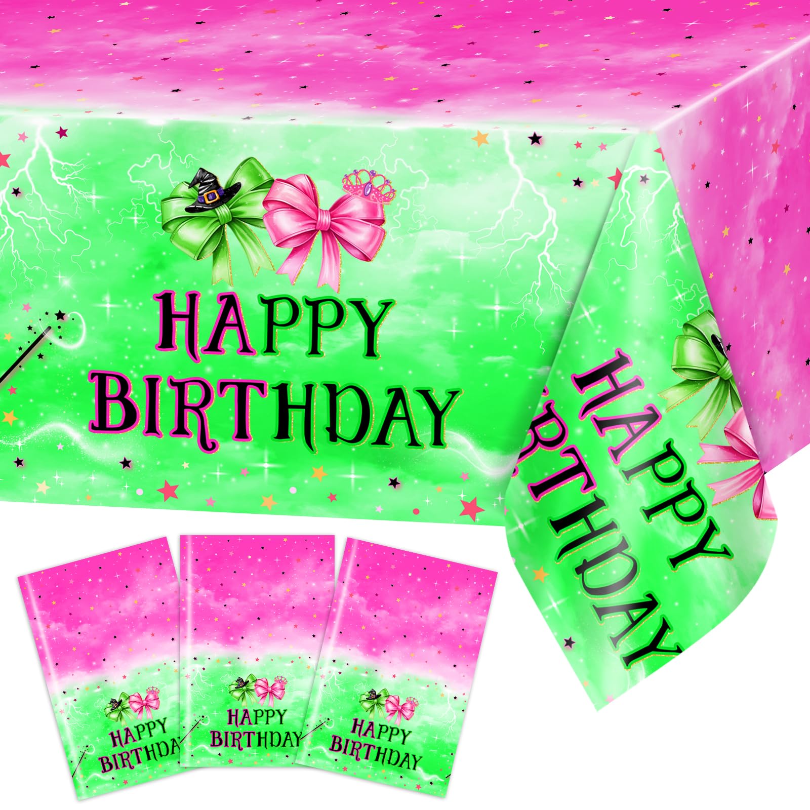 Avezano 3 Pcs Pink and Green Party Decorations Witch Birthday Tablecloth Witch Princess Happy Birthday Table Cloth for Girls Party Supplies 108 x 54