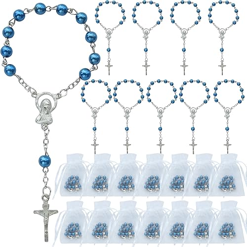 WE Bautismo Favores Mini Rosarios para niño - (24 unidades) Cuentas Azul Marino con Acentos Plateados - Recuerditos De Bautismo - Rosarios de Dedo -
