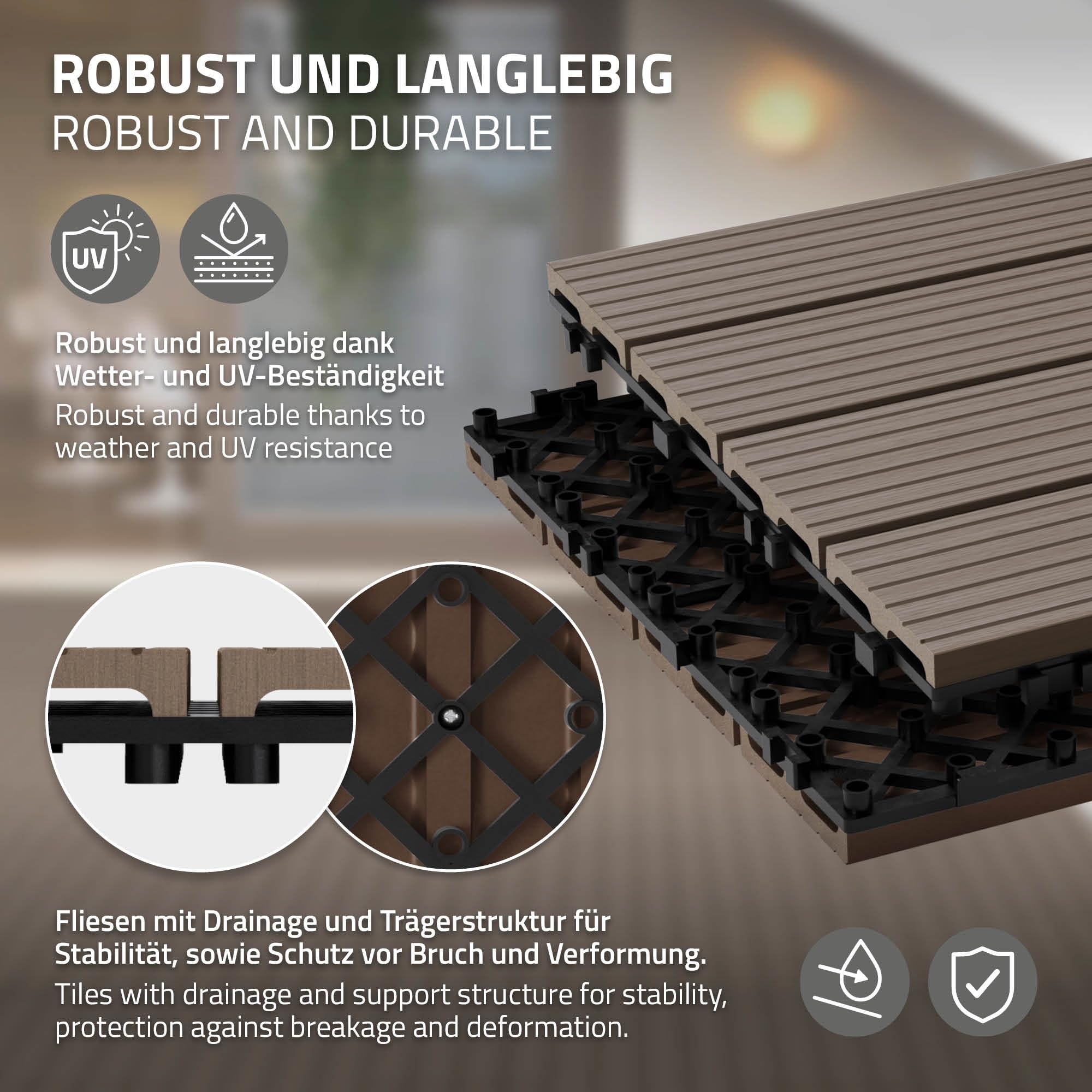 ECD Germany WPC Terrassenfliesen 60x30 cm/6 Stück=1m² Dunkelbraun, geriffelt, Holzoptik, Bodenbelag mit Klicksystem und Drainage, Terrassendielen Balkonfliesen, Klickfliesen für Terrasse Garten Balkon
