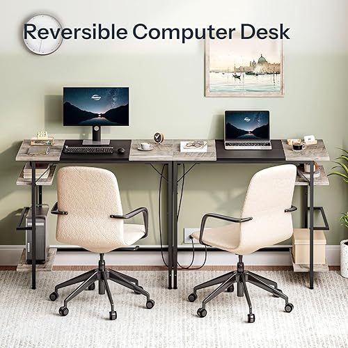 Miniatura 6 de HOOBRO Escritorio para computadora, escritorio de oficina en casa con toma de corriente, escritorio de escritura con 2 estantes, escritorio pequeño