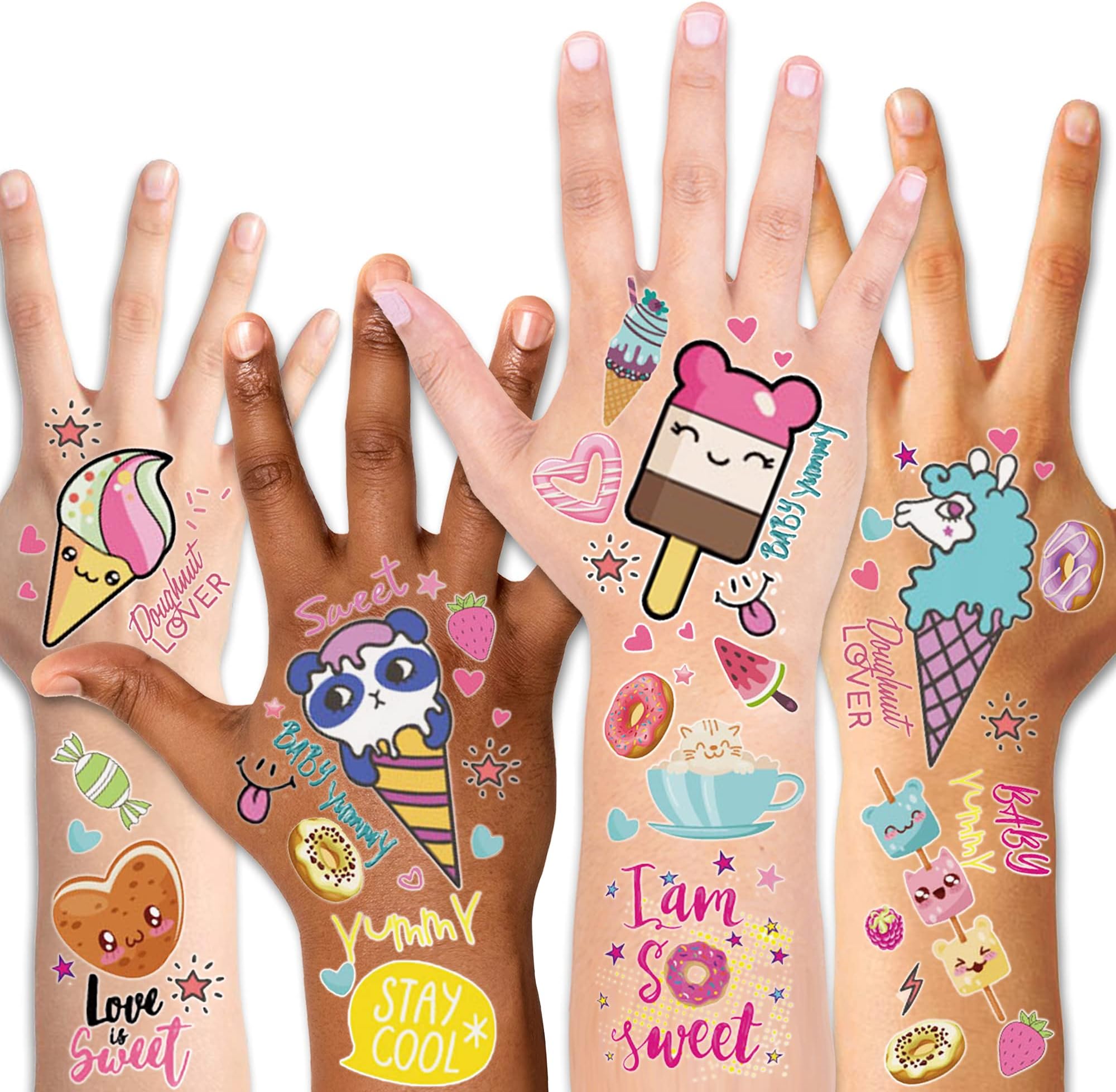Konsait Temporary Tattoo for Kids, Fake Waterproof Tattoo Stickers For Children Girls Candy Lollipop Ice Cream Sweet Tattoos Party Favours, 15 Sheets