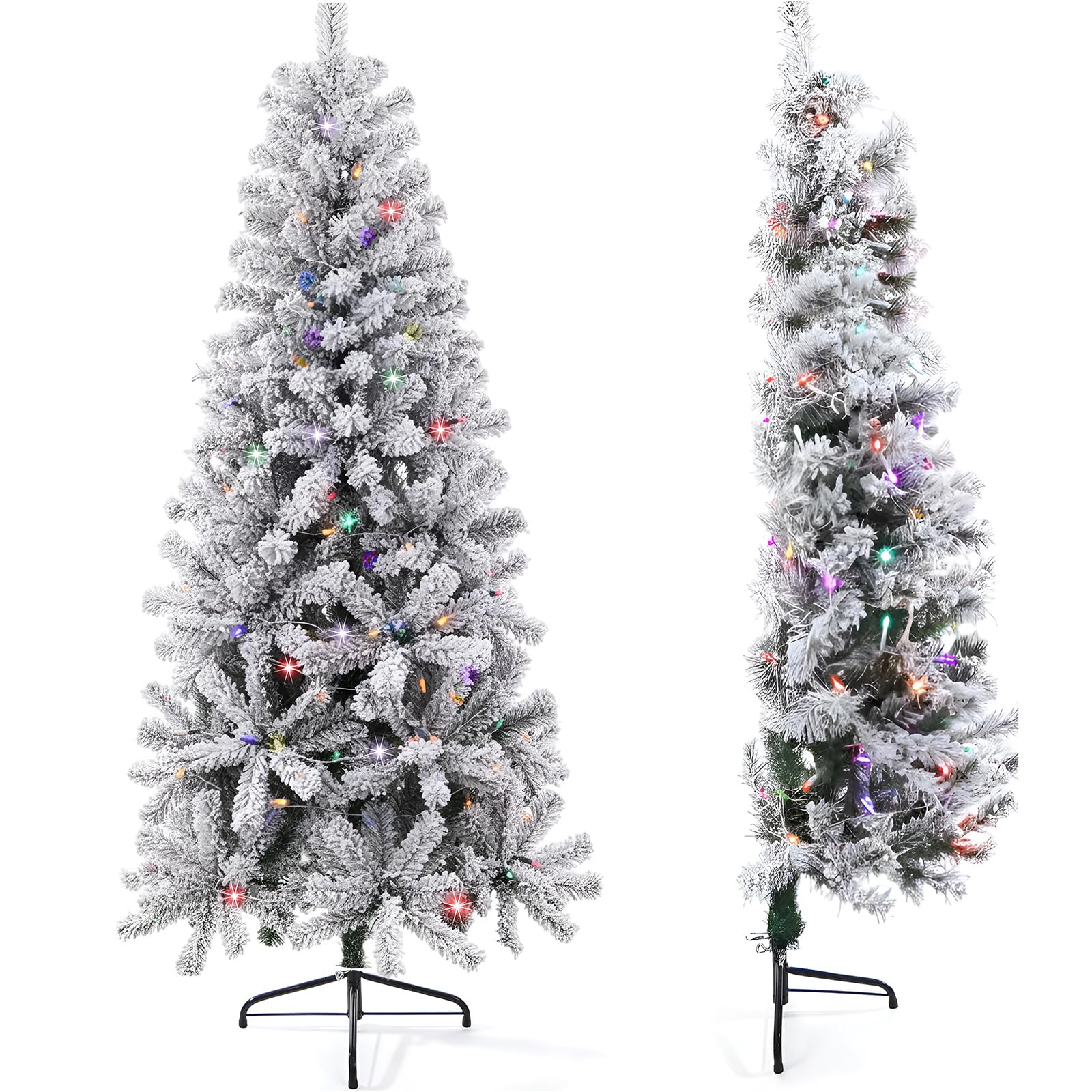 Half Christmas Tree for Wall Corner Artificial Christmas Tree with LED Lights Metal Stand Xmas Holiday Decor for Home Indoor Xmas Party Decoration(Frost White,7ft)