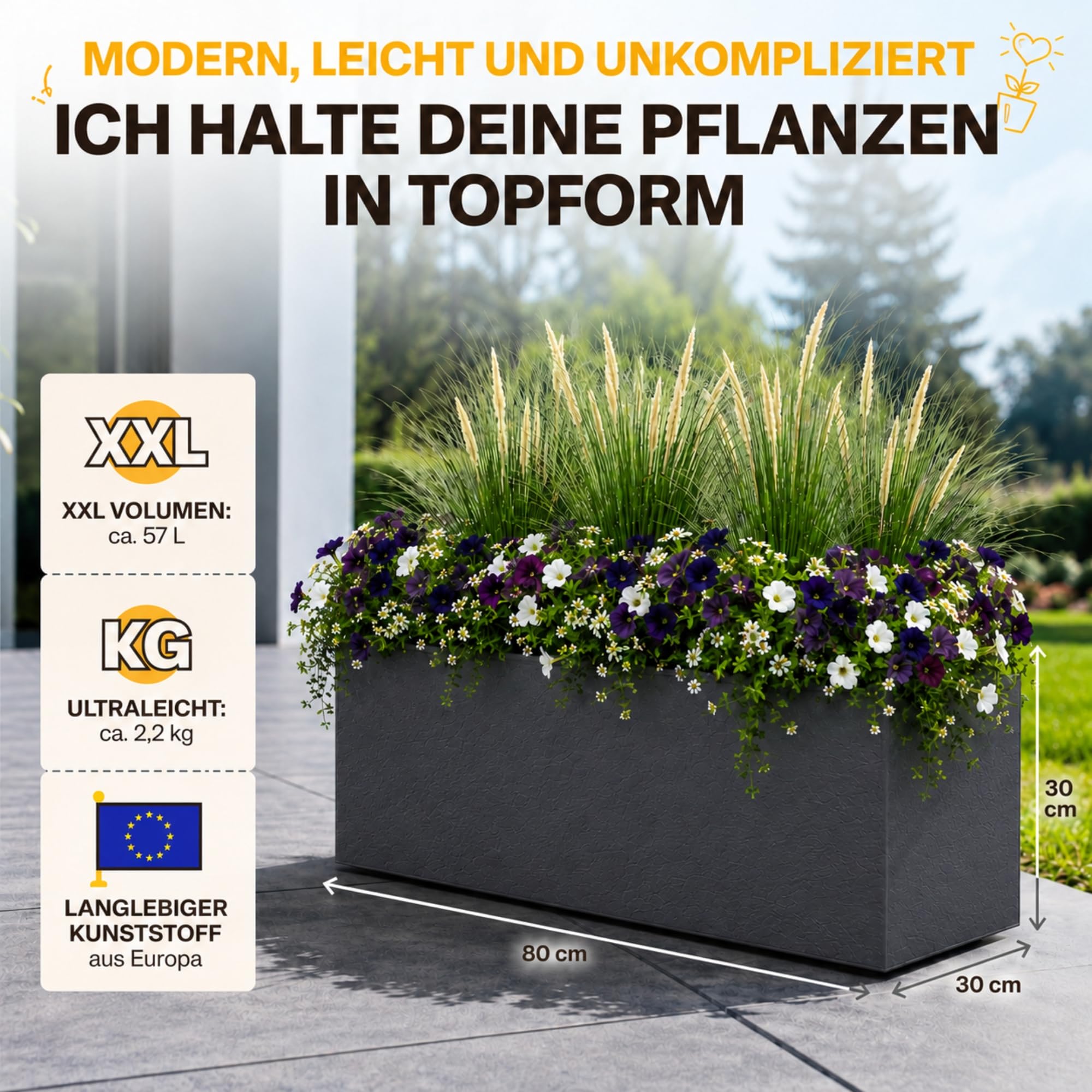 Ondis24 Vulcan - Pot de fleurs rectangulaire - Volume de 57 l - Jardinière avec réservoir d'eau - Pour balcon, terrasse - Anthracite