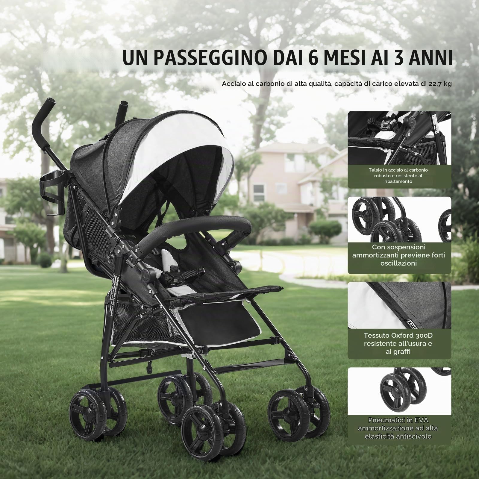 VEVOR Passeggino Leggero, 1170 x 340 x 240 mm Passeggino per Bambini a Ombrello, Schienale Reclinabile Multiposizione, Telaio in Acciaio Carbonio, Ampio Cestino Portaoggetti, per Viaggi, Nero/Bianco