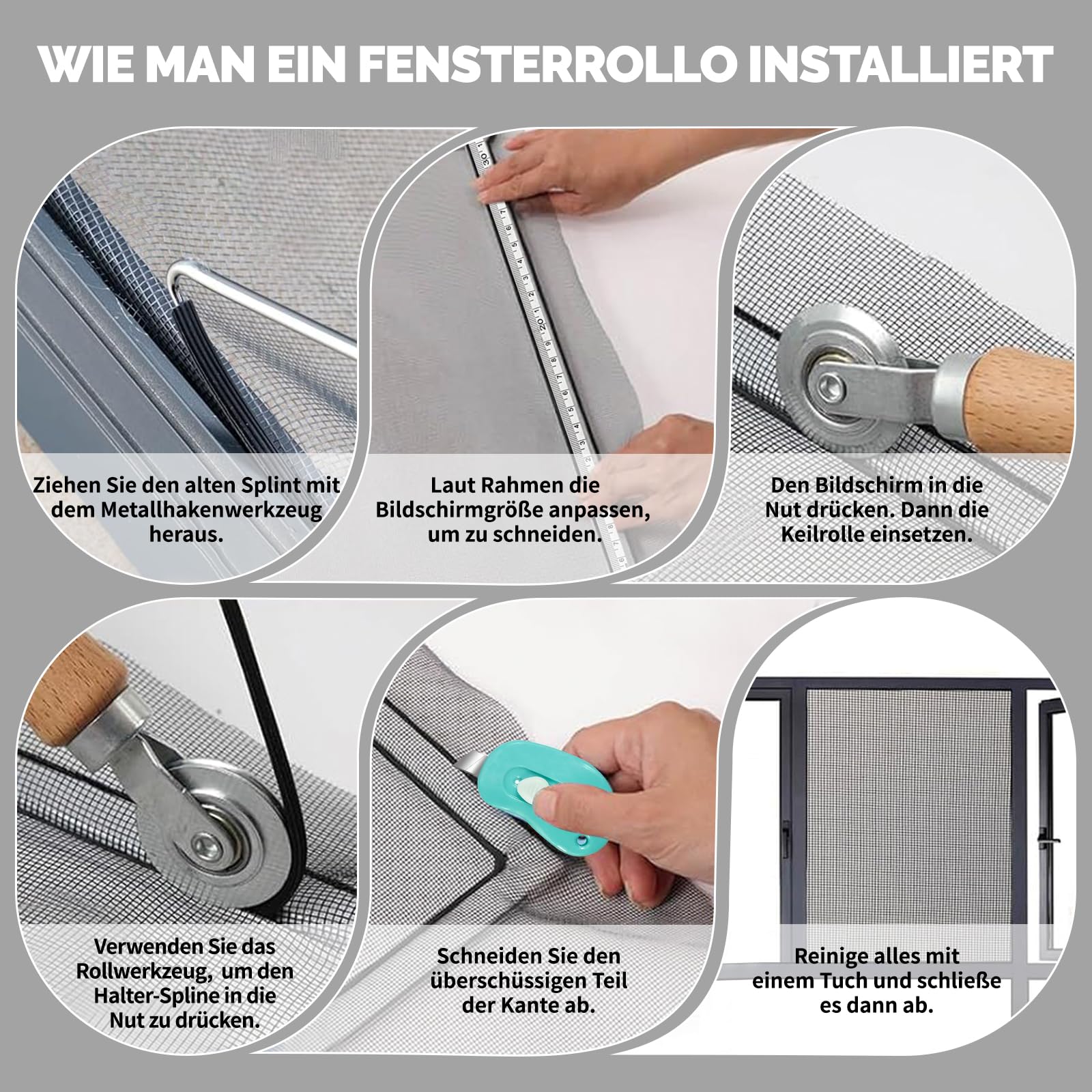 Fliegengitter für Fenster(300 x 120cm - Schwarz), Schneidbar, Reißfest, Fliegengitter Reparatur Set, Insektenschutz für Fenster mit Kederband/Doppelrad Seinroller/Kleines Messer/Haken/Maßstab