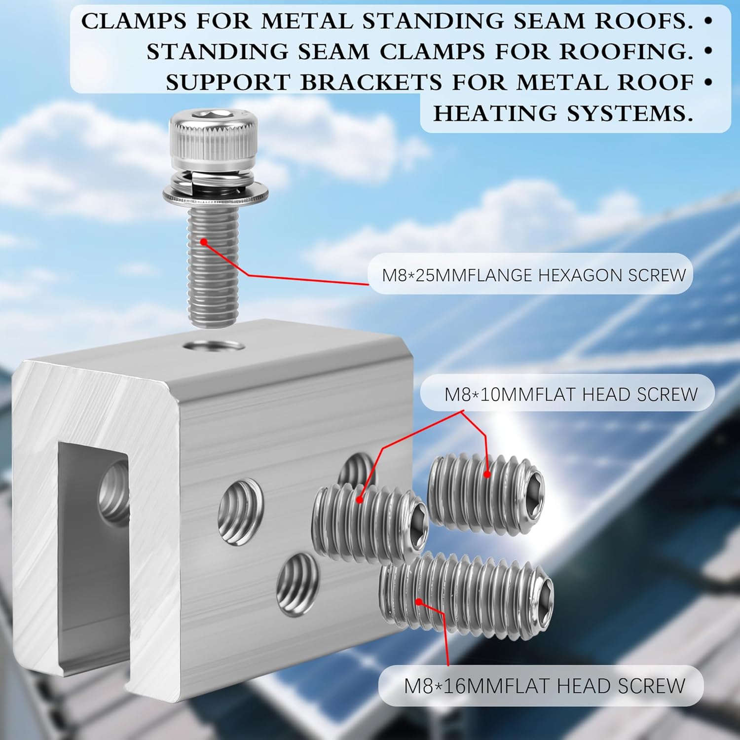 48 PCS Metal Roof Panel Clamps for Standing Seam Roofs, Non-Penetrating Aluminum Brackets with Stainless Steel Screws for Solar Racking Systems, Snow Guards, and Heat Cables, U-Shaped Base