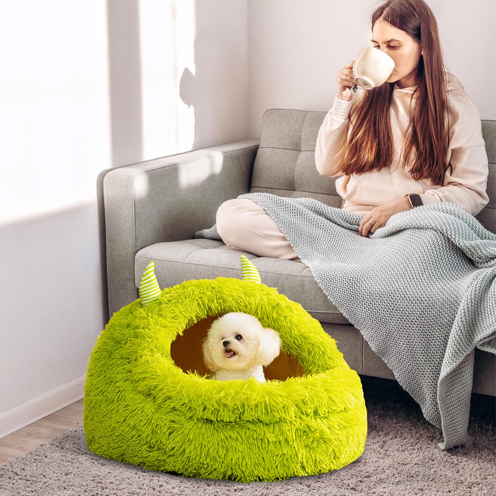 Galatée Katzenbett, Katzenbett Für Hauskatzen Mit Abnehmbarem, Waschbarem Kissen, Bequemes Haustierbett, rutschfeste Und Wasserabweisende Unterseite, Langlebiges, Flauschiges Hundebett(M, Grün)