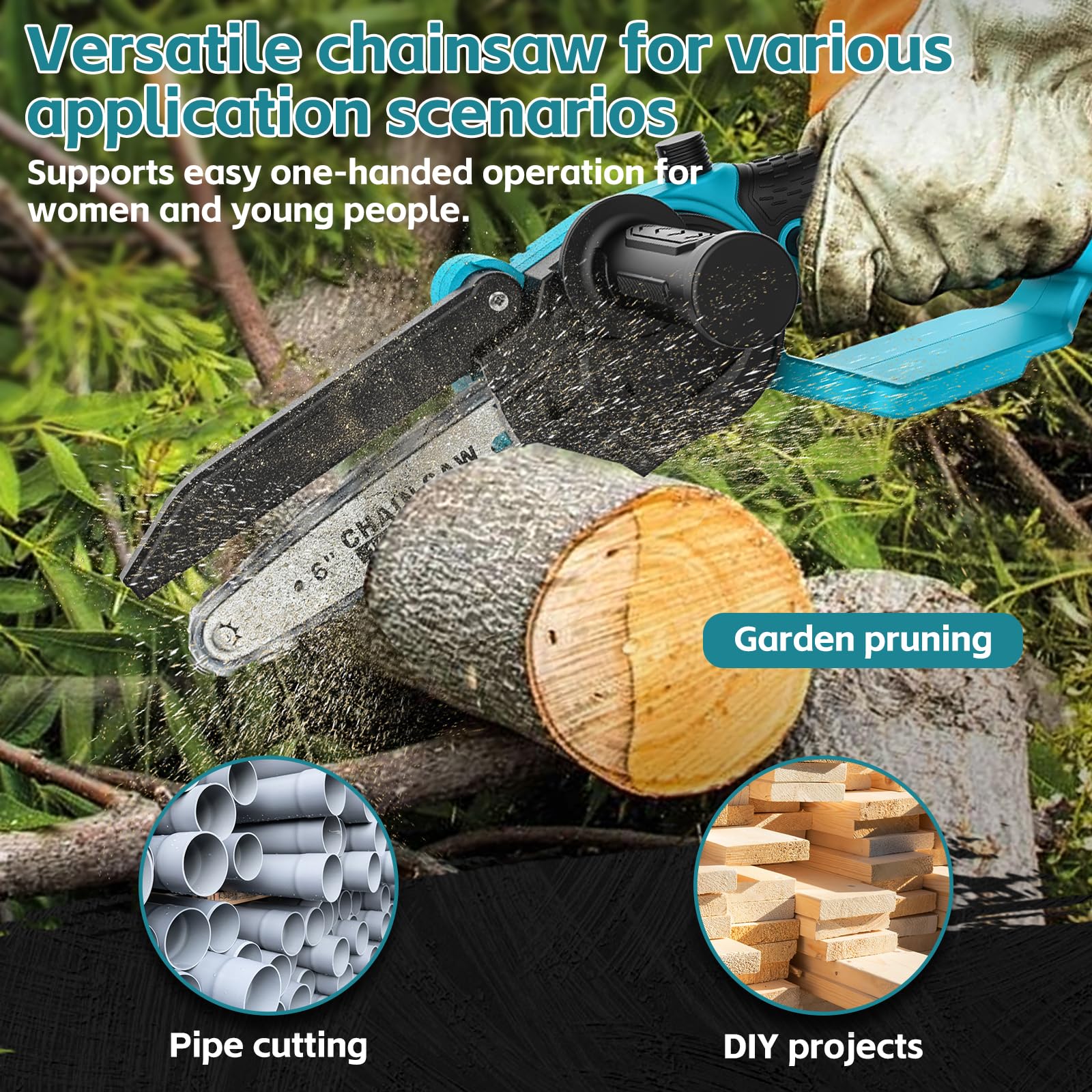 Mini Motosega A Batteria 6 Pollici - 1000W, Batteria 4000mAh, Compatibile Makita, Per Giardino