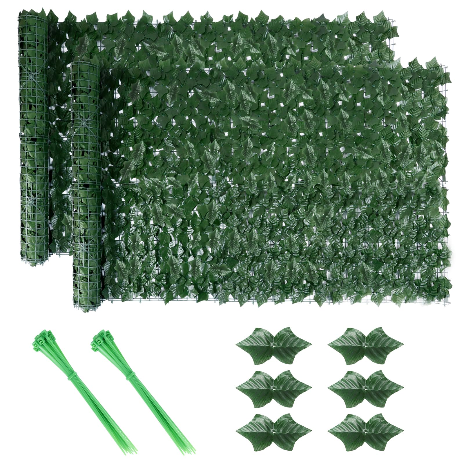 2PCS Artificial Ivy Fence Screen, 3m x 1m Garden Fence Screening Trellis with Artificial Leaves, Expandable Faux Privacy Artificial Hedge Roll with 20pcs Zip Ties for Garden Balcony Outdoor Decoration