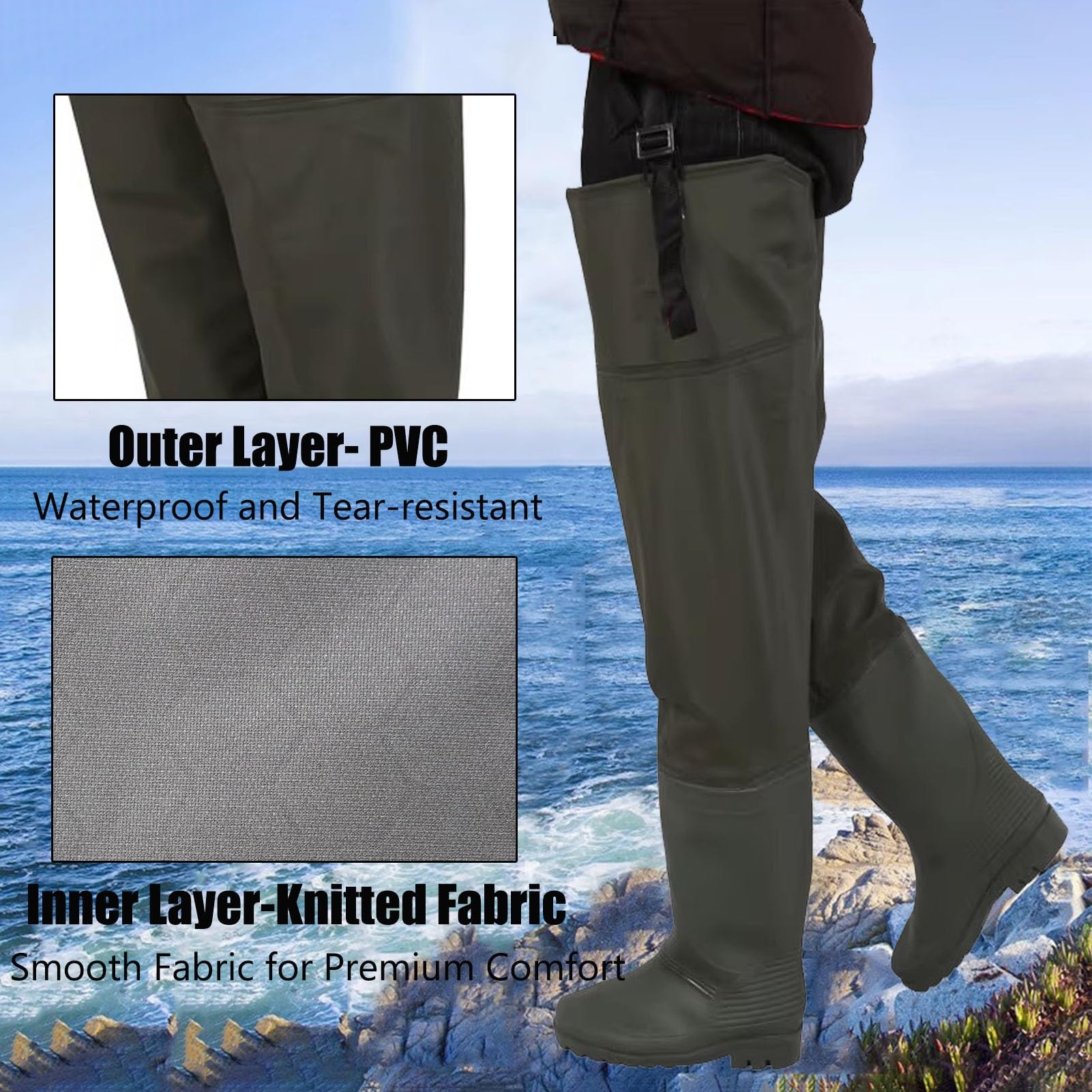 Vadeadores Botas Botas De Pesca Ligeras hasta La Cadera para Hombre, Botas De Pesca con Mosca hasta La Cadera, Botas De Pesca hasta La Cadera De PVC De 80 Cm De Alto con Suela Antideslizante