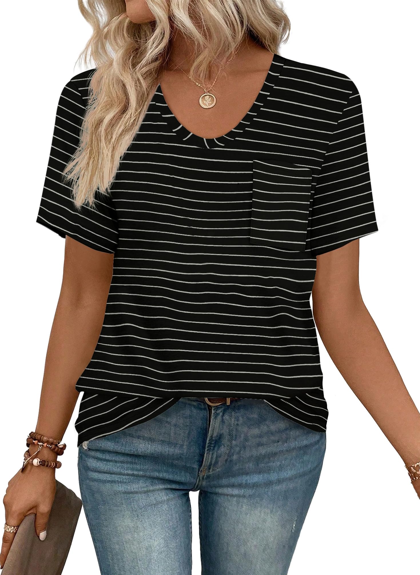 WIHOLL Women Summer T Shirts Short Sleeve Rounded V Neck Pocket Tee Tops OEKO-TEX STANDARD 100