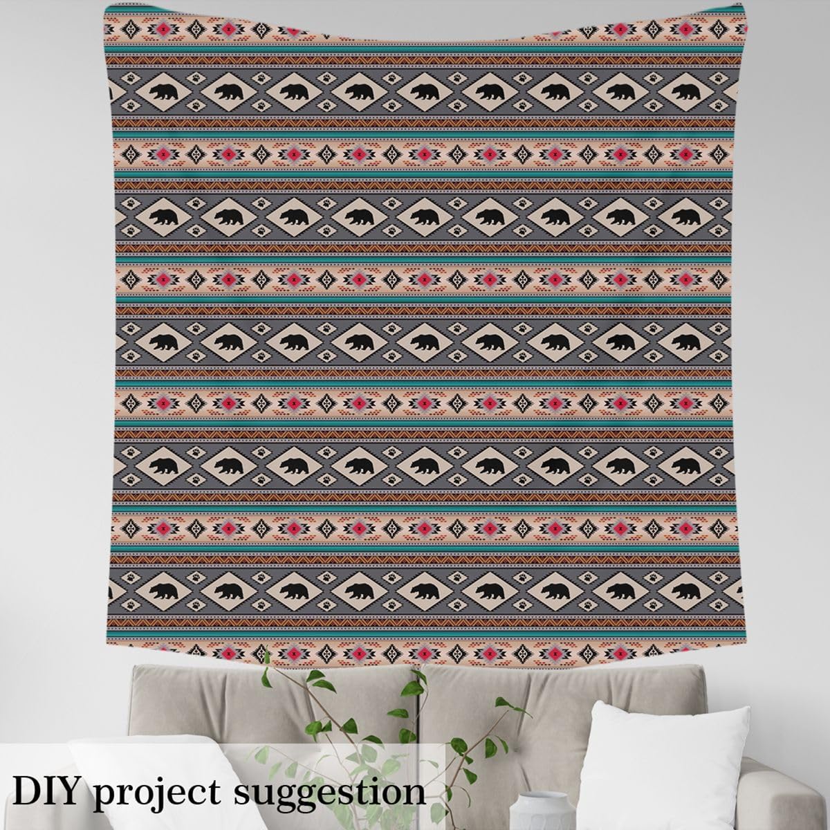 Erosebridal Bear Fabric by The Yard - Native Tribal Aztec Upholstery, Rustic Hunting Animal Indoor/Outdoor, Southwestern Tribe Indian DIY Art Waterproof, Black and Teal, 2 Yards