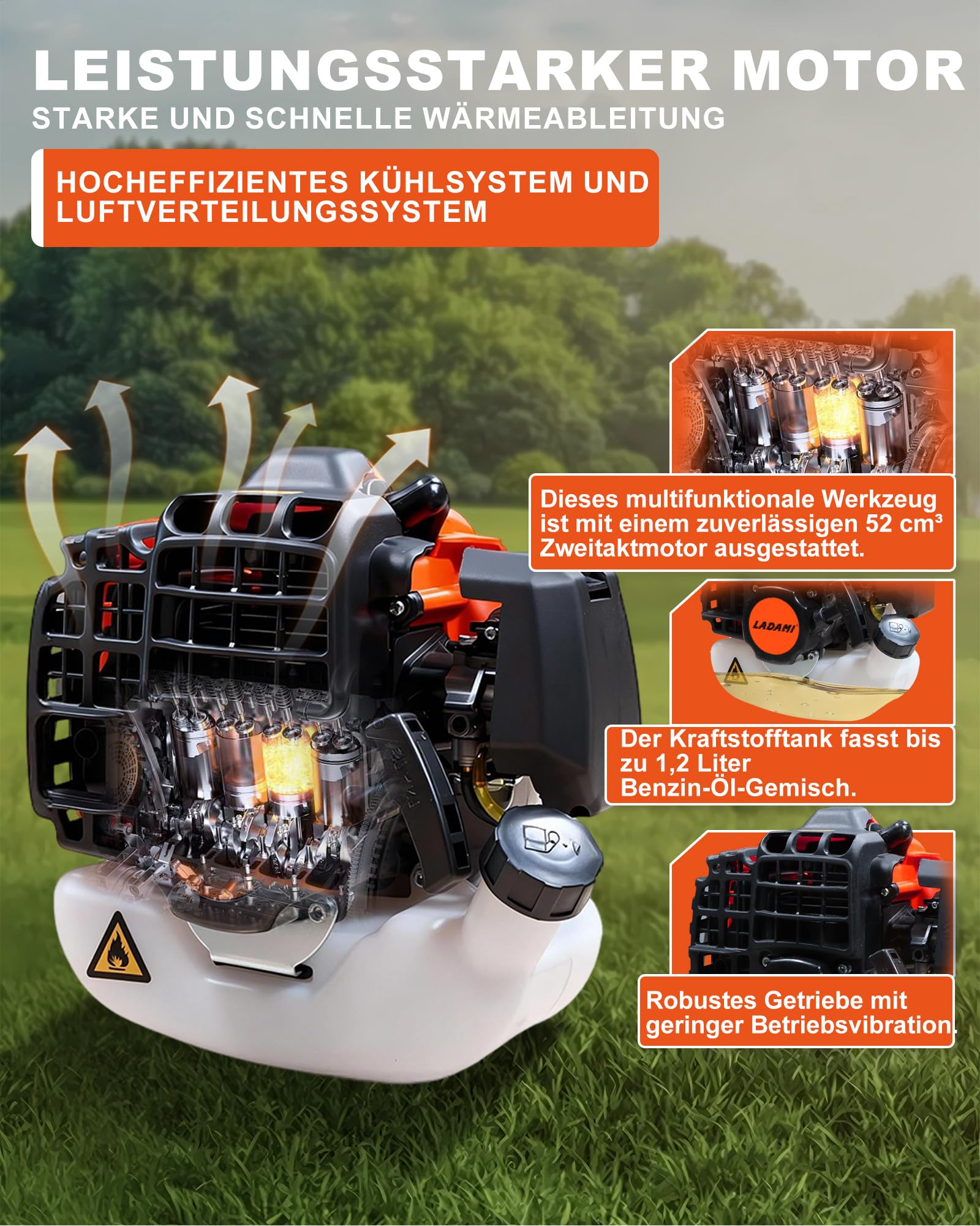 Benzin Motorsense 52cc 2-Takt Rasentrimmer – 2-in-1 Multifunktion 3 PS Einzylinder-Motor mit 3-Zahn-Messer & Nylonschnur-Spule, Leistungsstark & Zuverlässig für Garten und Feld