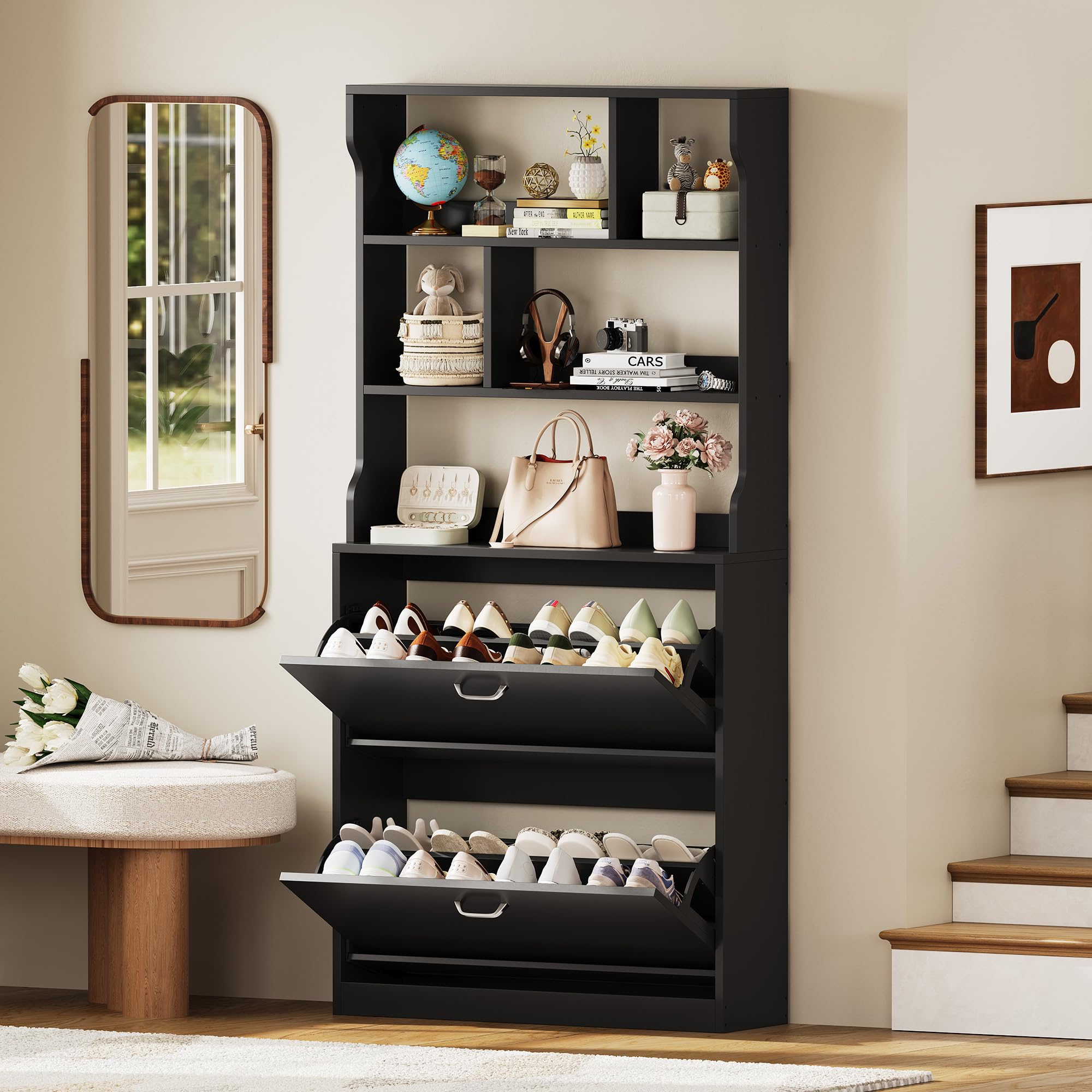 IRONCK Zapatero Alto 165cm con 2 Puertas Abatibles y 3 Estantes Abiertos, Armario Zapatero Estrecho, Mueble Organizador de Entrada para Recibidor, Pasillo y Salón, en Madera, Blanco, 165 x 80 x 24CM