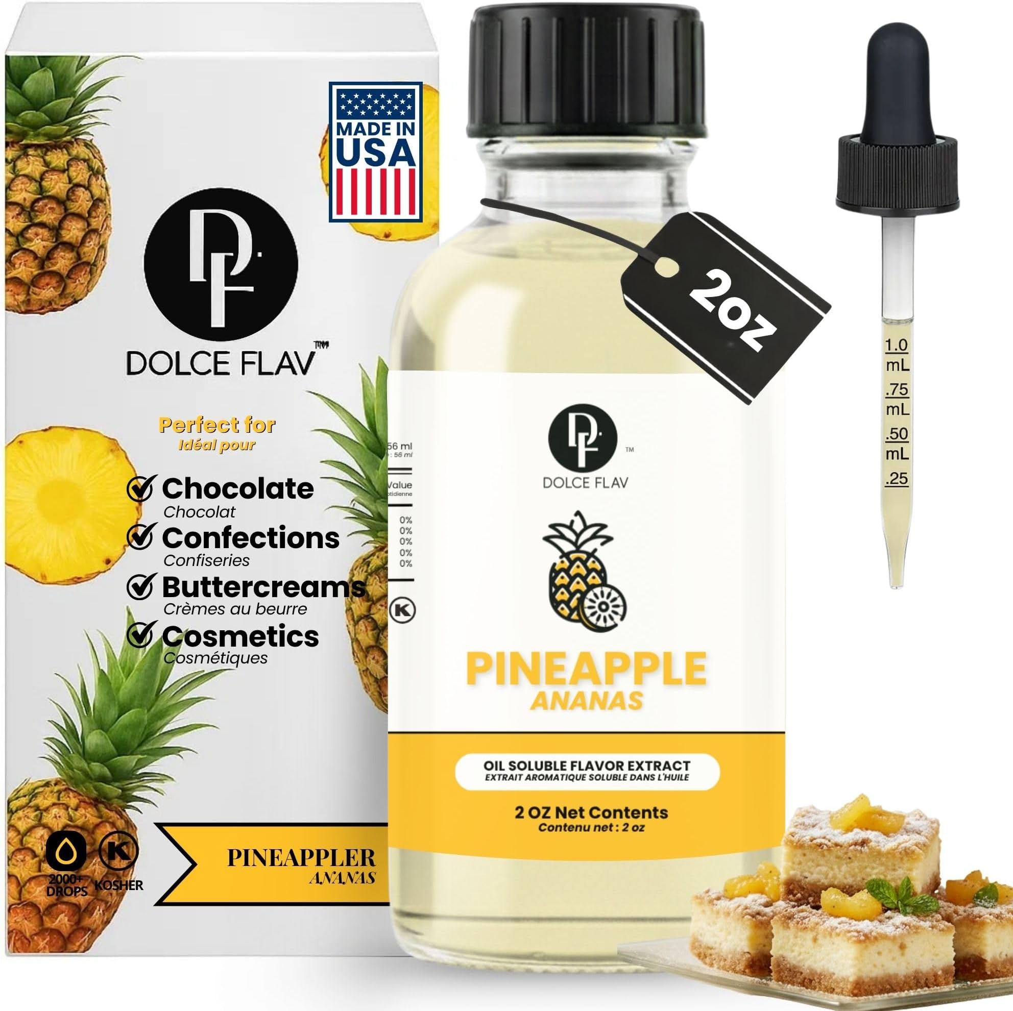 Pineapple Extract – 2 Ounce Oil-Soluble Kosher, Sugar-Free, Concentrated Tropical Flavor for Candy, Chocolates & Desserts, Includes Measured Dropper | Pineapple extract for baking, plus flavoring and concentrate for candy making. Highly concentrated tropical flavor.