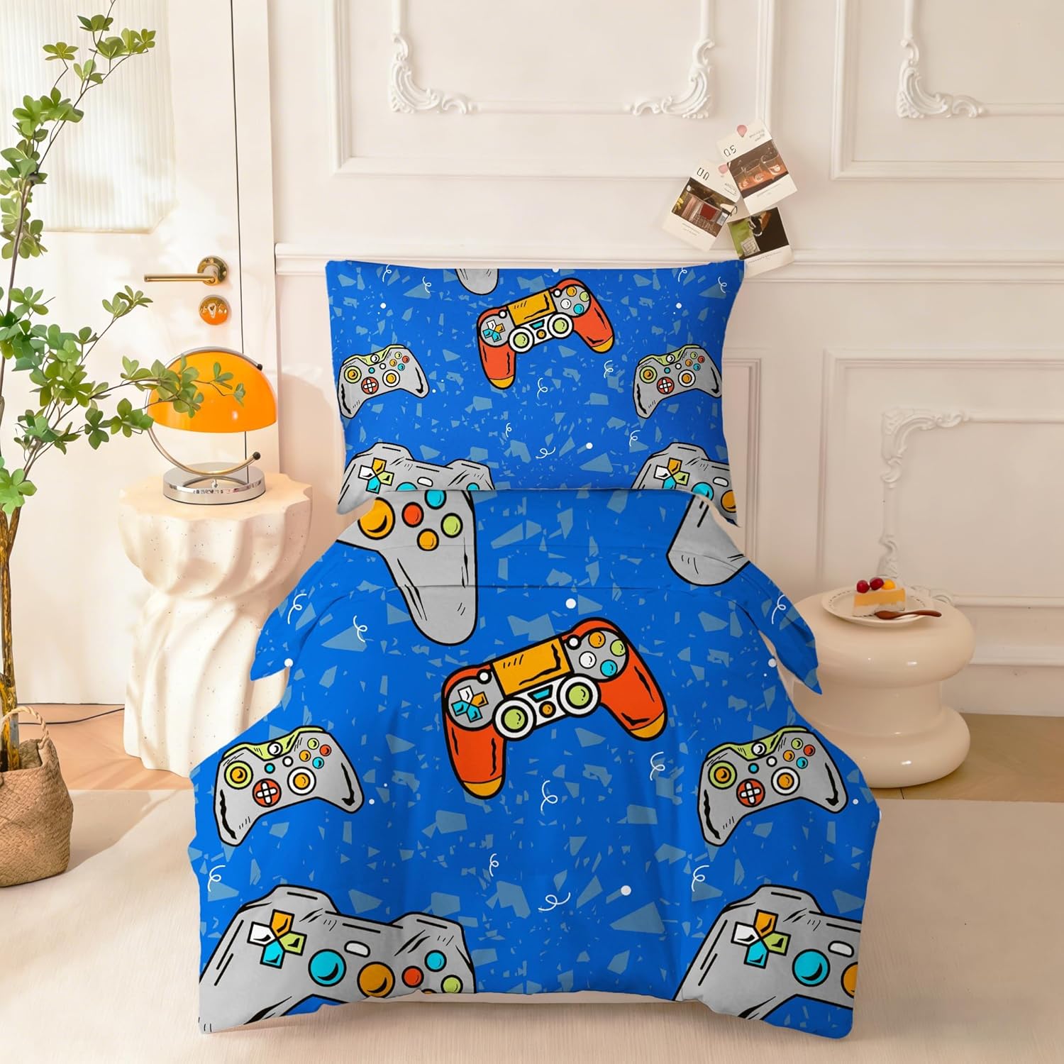 SDIII 4 Piece Blue Gamer Toddler Bedding Set, Soft Microfiber Gaming Toddler Bedding Set for Boys with Comforter, Fitted Sheet, Flat Sheet, Pillowcase