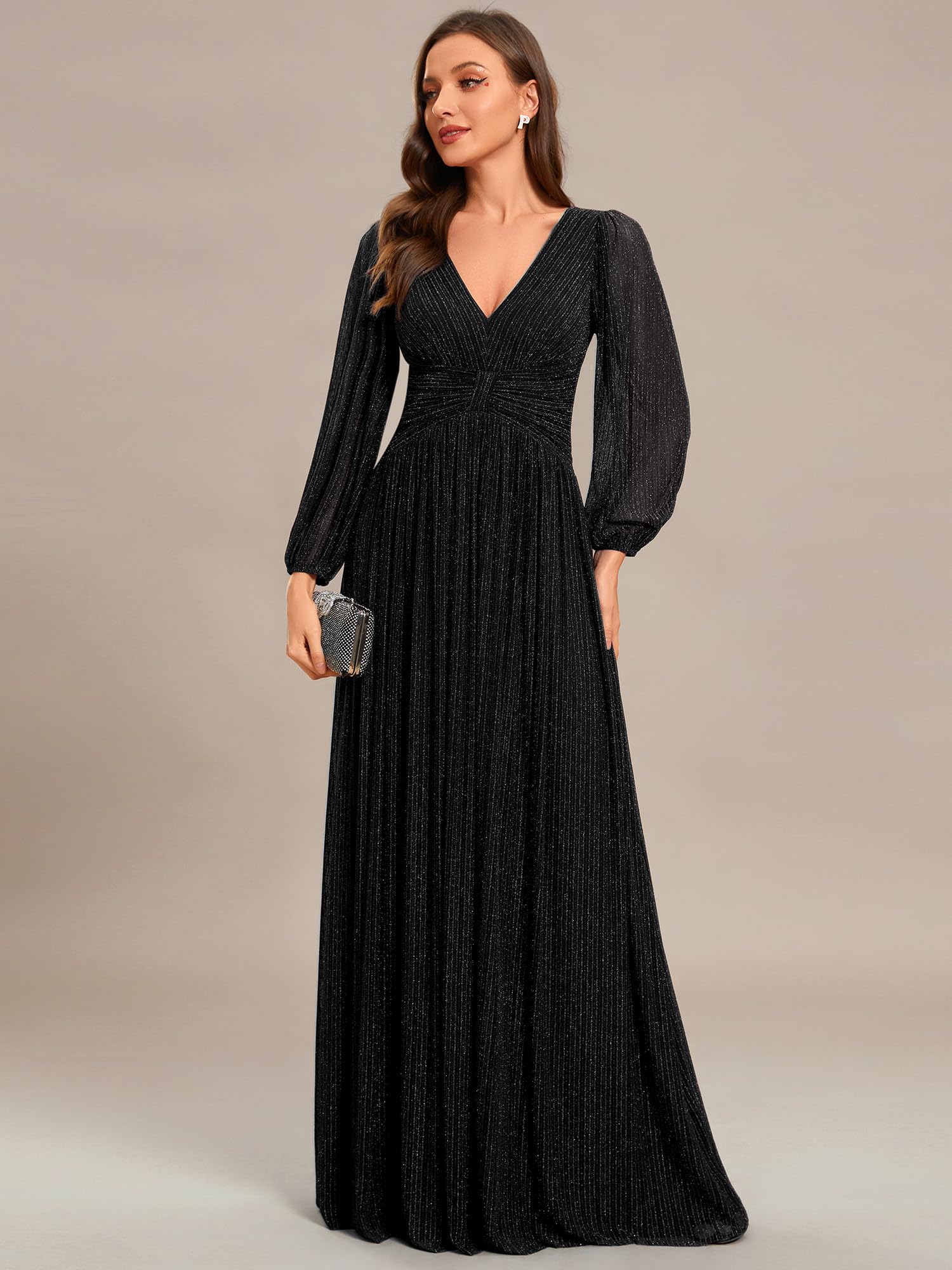 Ever-Pretty Vestido formal de noche para mujer, manga larga, cuello en V, plisado, cintura imperio, longitud hasta el suelo, talla grande