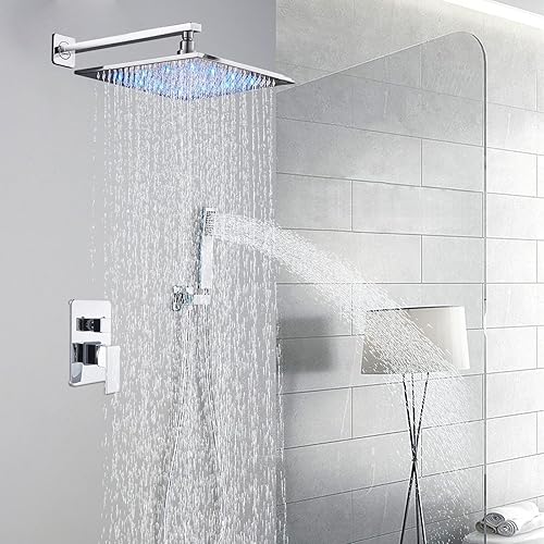 Miniatura 2 de Cabezal de ducha LED de 12 pulgadas con cabezal de ducha de mano de latón, juego de grifos de ducha de lujo, juego completo de ducha combinado de