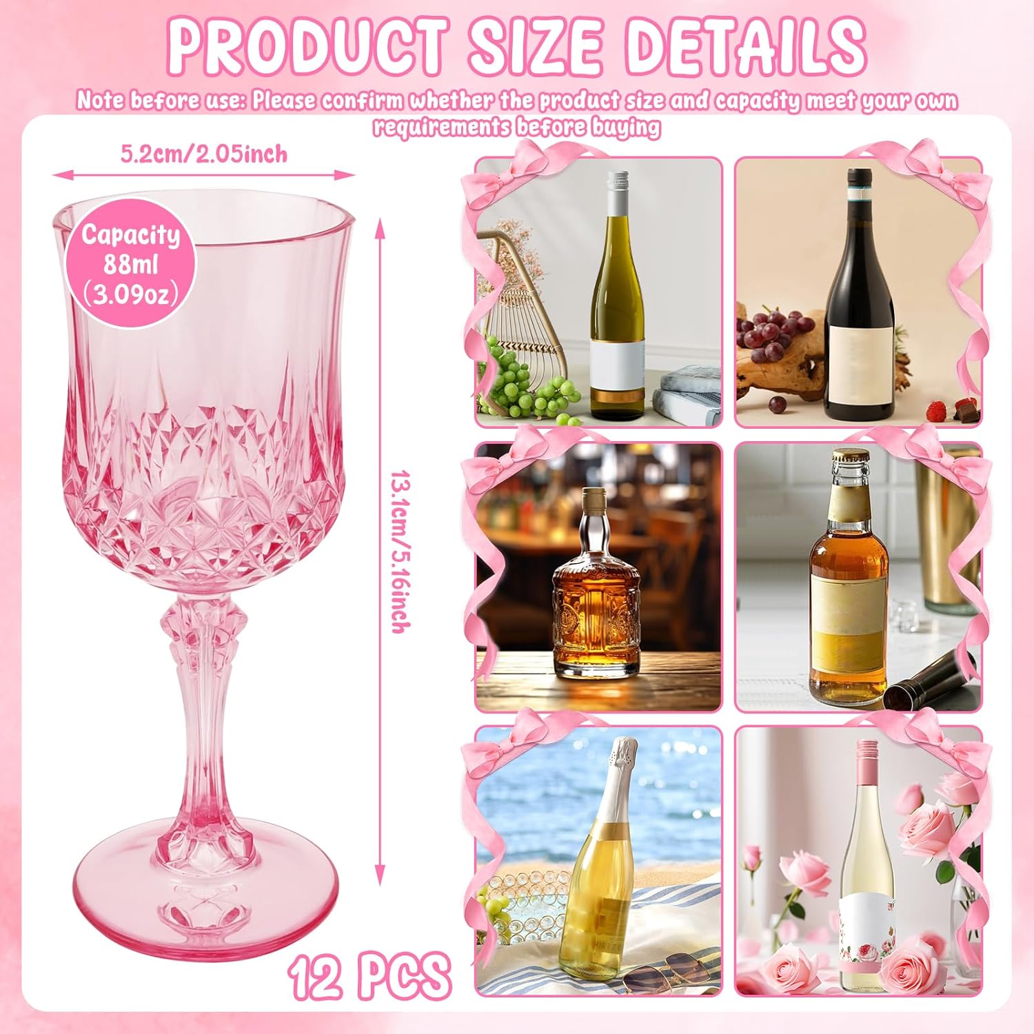 12PCS Plastic Wine Glasses Pink, Reusable Wine Glasses, White Goblet Glass, Sturdy Glasses Cups for Wedding Celebration Birthday Party Wine Tasting New Years Eve Party Supplies - Image 2