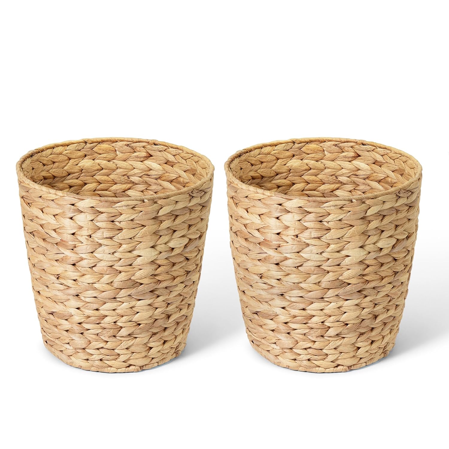 2-Pack Woven Waste Basket for Bathroom, Bedroom, or Living Room | Wicker Wastebasket Style Handwoven Basket Made from Water Hyacinth | Modern Boho Storage Basket