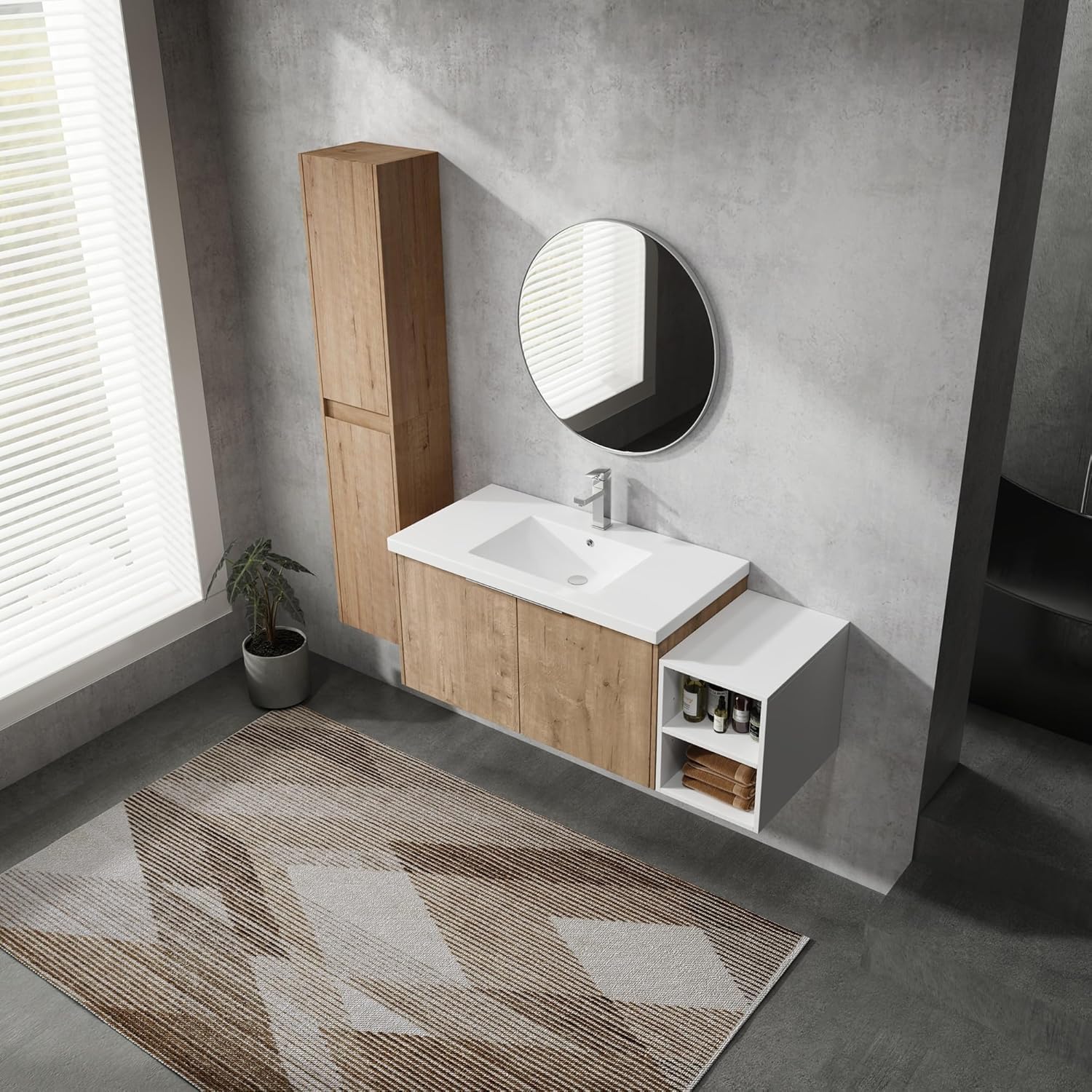 48" Single Sink Bathroom Vanity Modern Wall-Mounted Bathroom Vanity with Sink 48-Inch Floating Bathroom Vanities Set with 2 White Open Storage Shelf & 1 Side Cabinet, Natural Oak