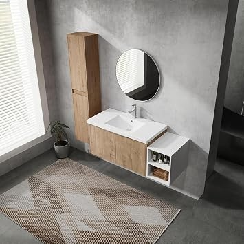 48 Single Sink Bathroom Vanity Modern Wall-Mounted Bathroom Vanity with Sink 48-Inch Floating Bathroom Vanities Set with 2 White Open Storage Shelf & 1 Side Cabinet, Natural Oak