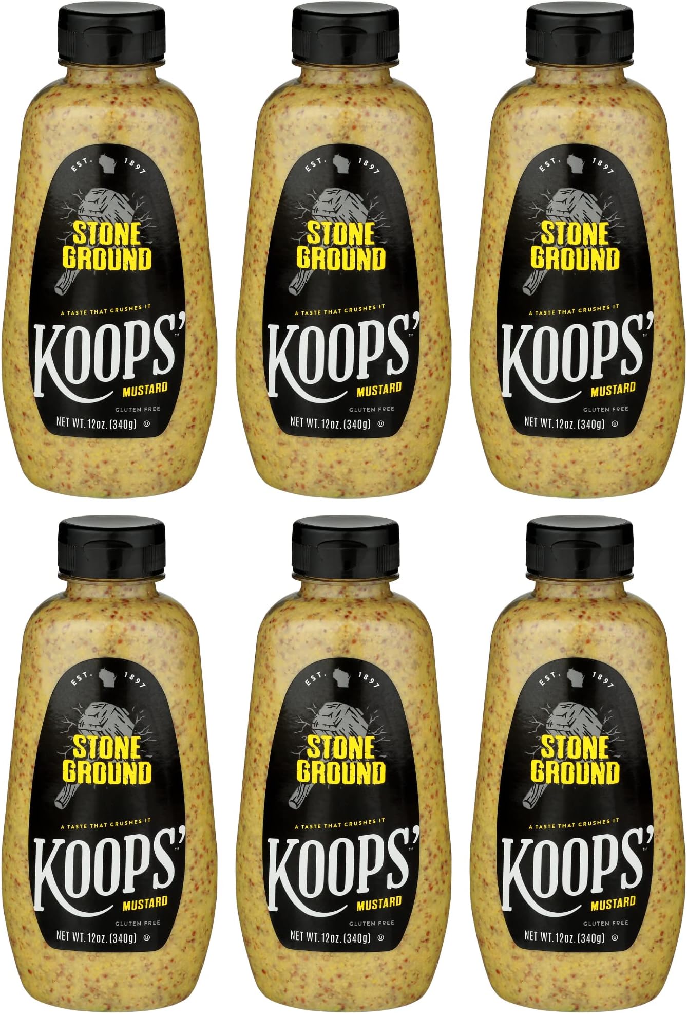 Koops' Stone Ground Mustard – Old-Fashioned Mustard, Gluten-Free, Kosher, Non-GMO, Made in the USA, From Quality Mustard Seeds, Robust and Coarse Flavor – 12 Oz, Pack of 6