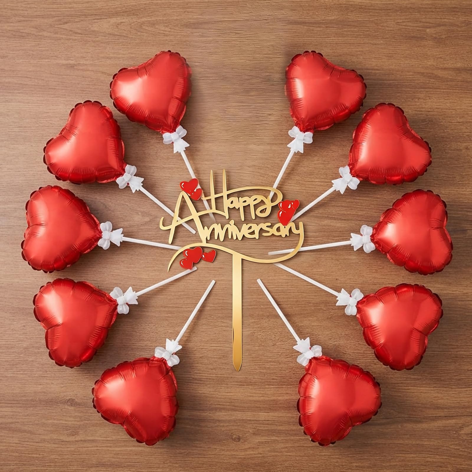 11PCS Gold & Red Happy Anniversary Heart Balloon Topper for Anniversary