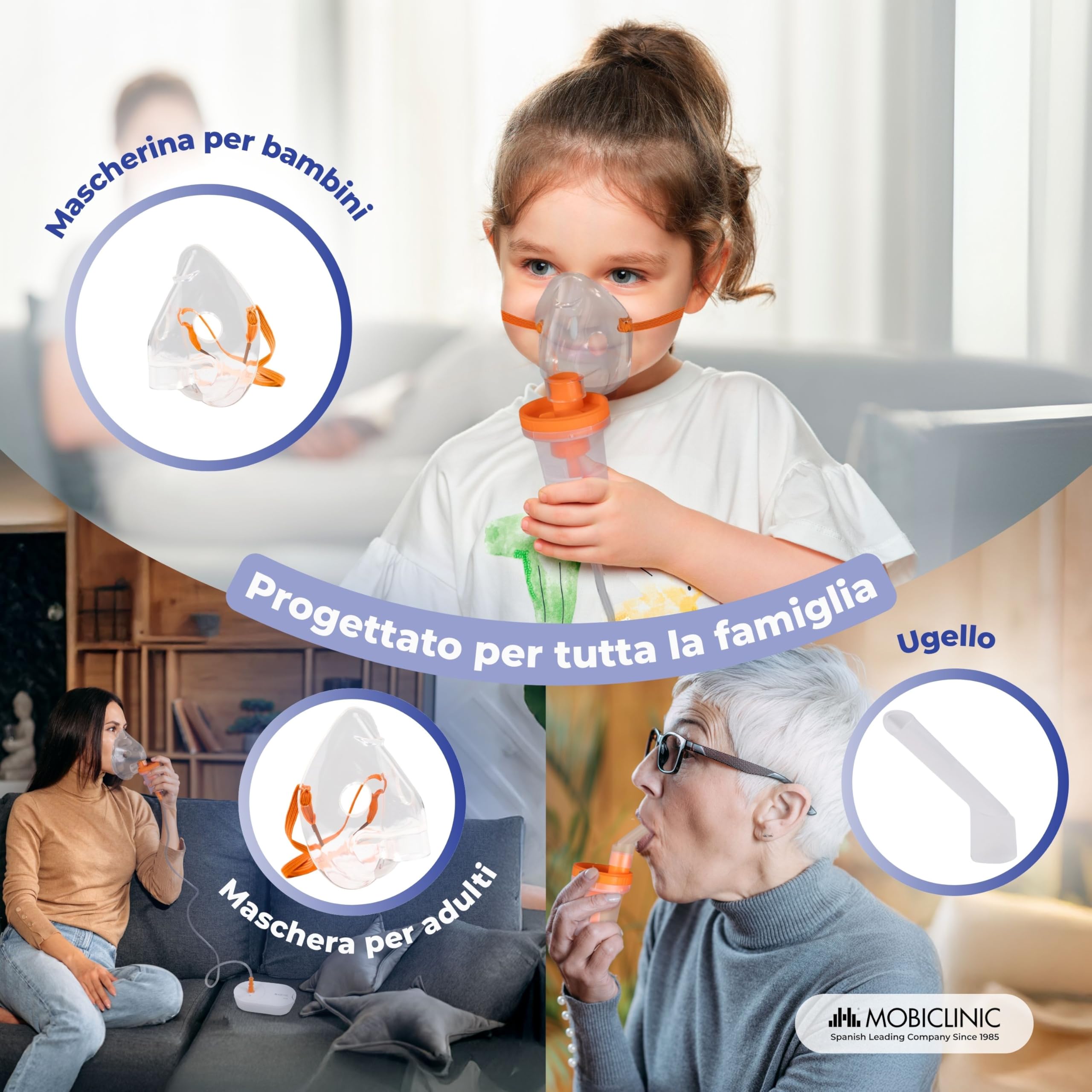 Mobiclinic®, Aerosol Portatile, Adulti e Bambini, Boccaglio e 2 Maschere, Velocità Massima 0,2 ml/min, Silenzioso, Volume 3,9 ml, Portatile, Asma, Allergie, Nebumobi2