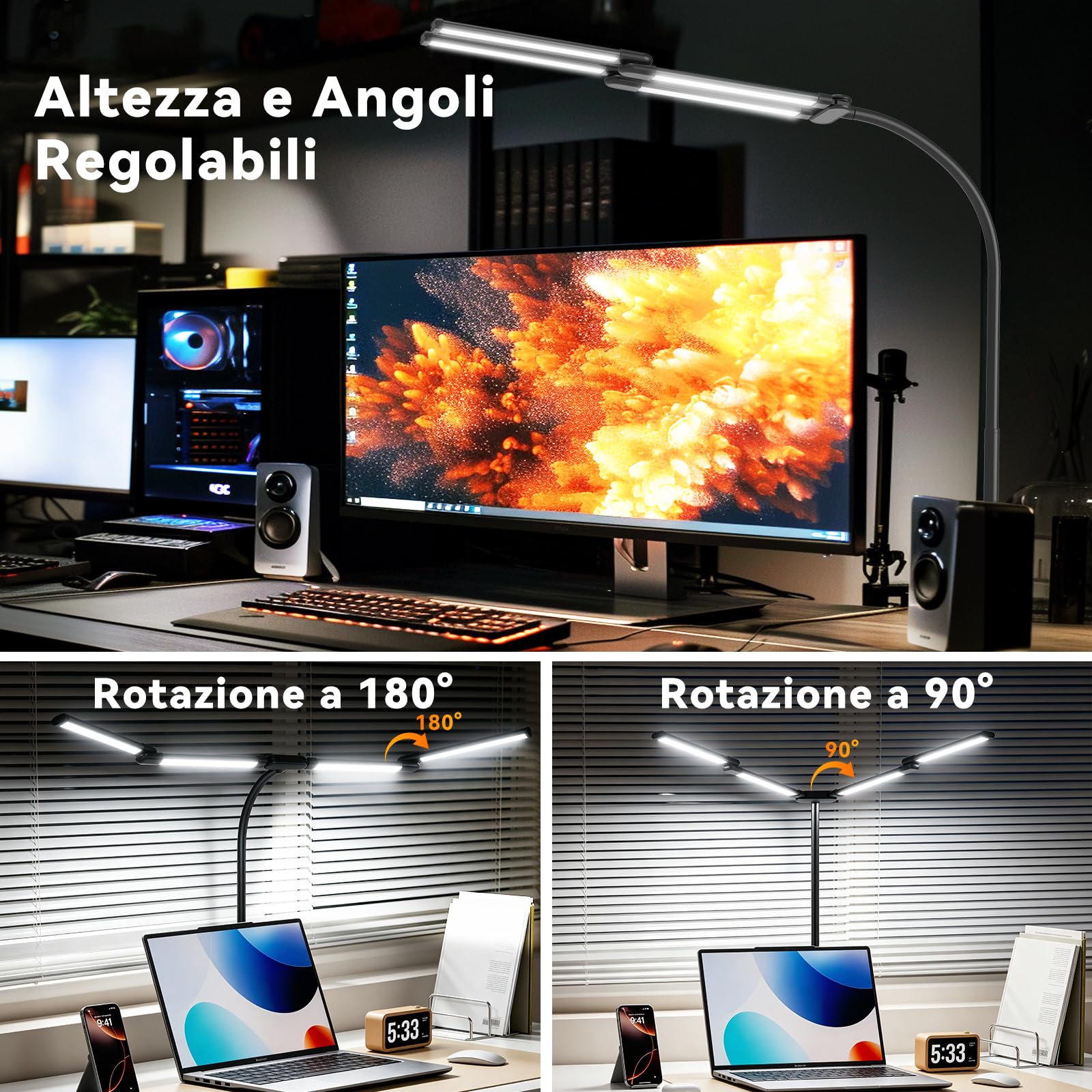 Lampada da Scrivania LED per Ufficio, 118 cm, 4 Barre Luminose, Lampada Scrivania con Morsetto – 24W 1960 lm Lampada da Tavolo a Collo di Cigno, 5 Colori e 10 Luminosità, Luce per Monitor PC