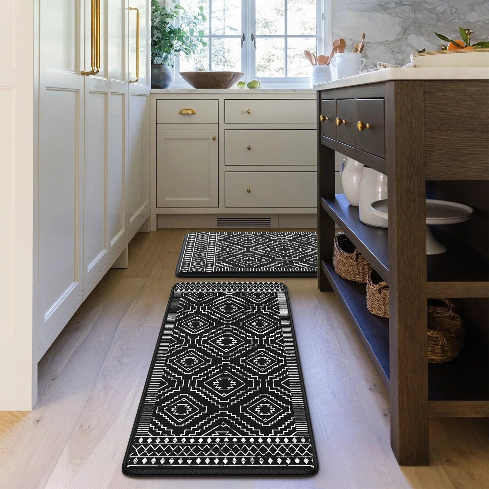 KIMODE Küchenmatte gegen Ermüdung, schwarz, Boho-Küchenteppich, rutschfest, 2er-Set, Küchenmatten für Boden, Marokko, geometrischer Memory-Schaum, gepolsterte Standmatten für Waschbecken, Wäsche, Büro