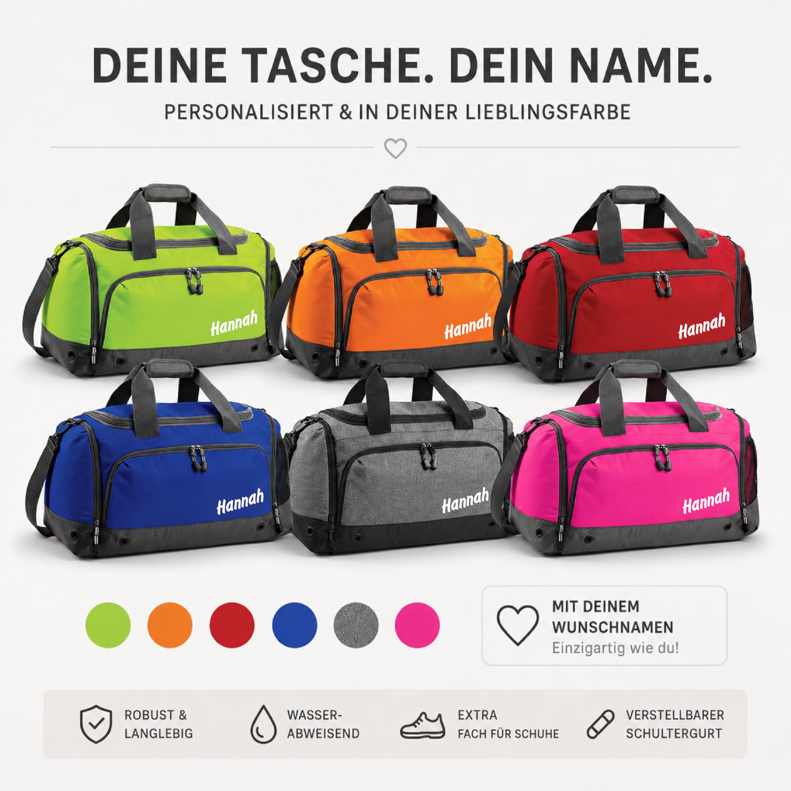 Sporttasche PINK mit Name personalisiert für Kinder & Erwachsene | Individuell bedruckt mit Wunschmotiv, Kleine Reisetasche, Schulsport Schwimmtasche Geschenk Einschulung Schulanfang