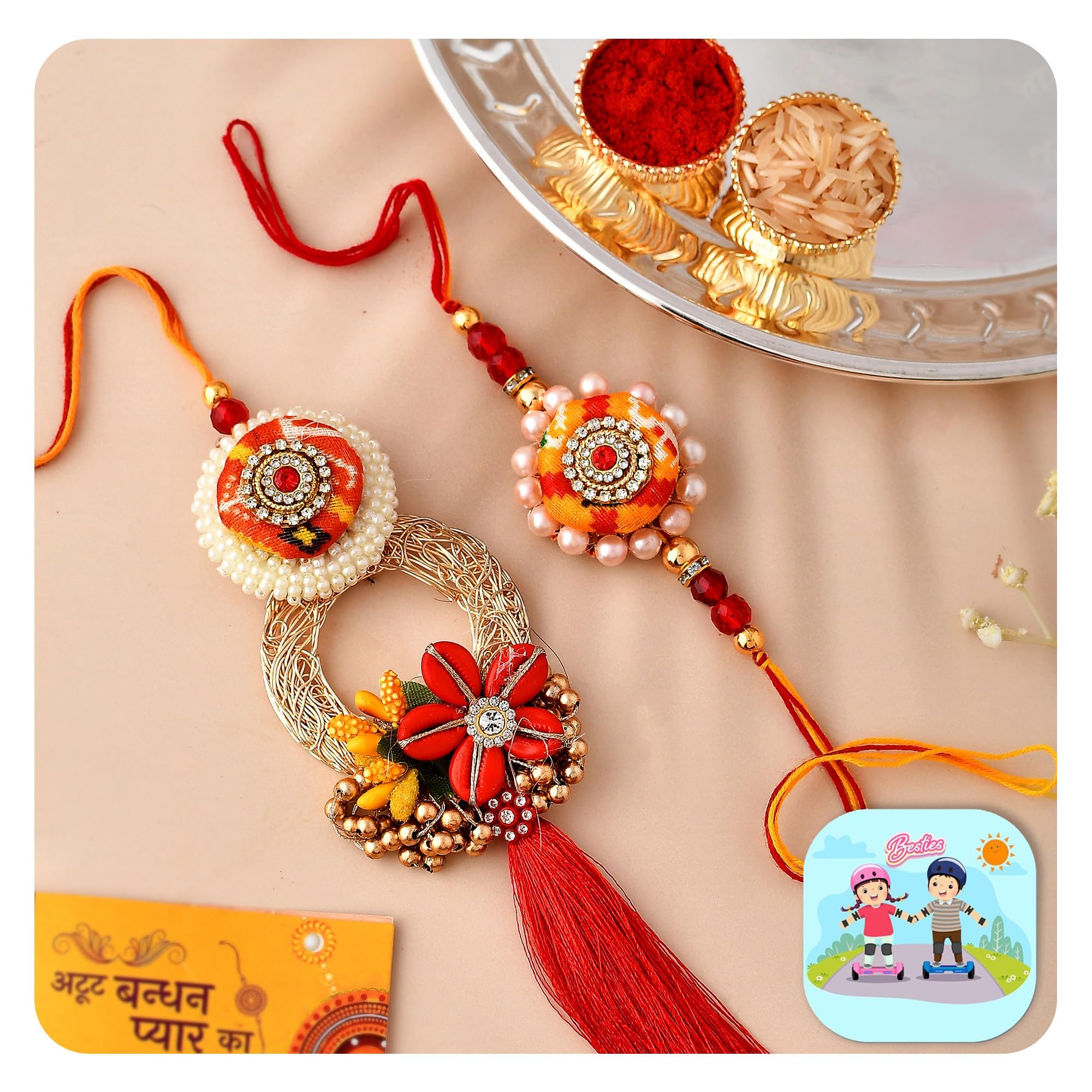 CraftVatika Rakhi for Brother and Bhabhi Set of 2 Designer Lumba Rakhi for Bhabhi Kundan Pearl for Bhaiya Boy Rakshabandhand Couple, Fridge Magnet for Door Decor-picture-9