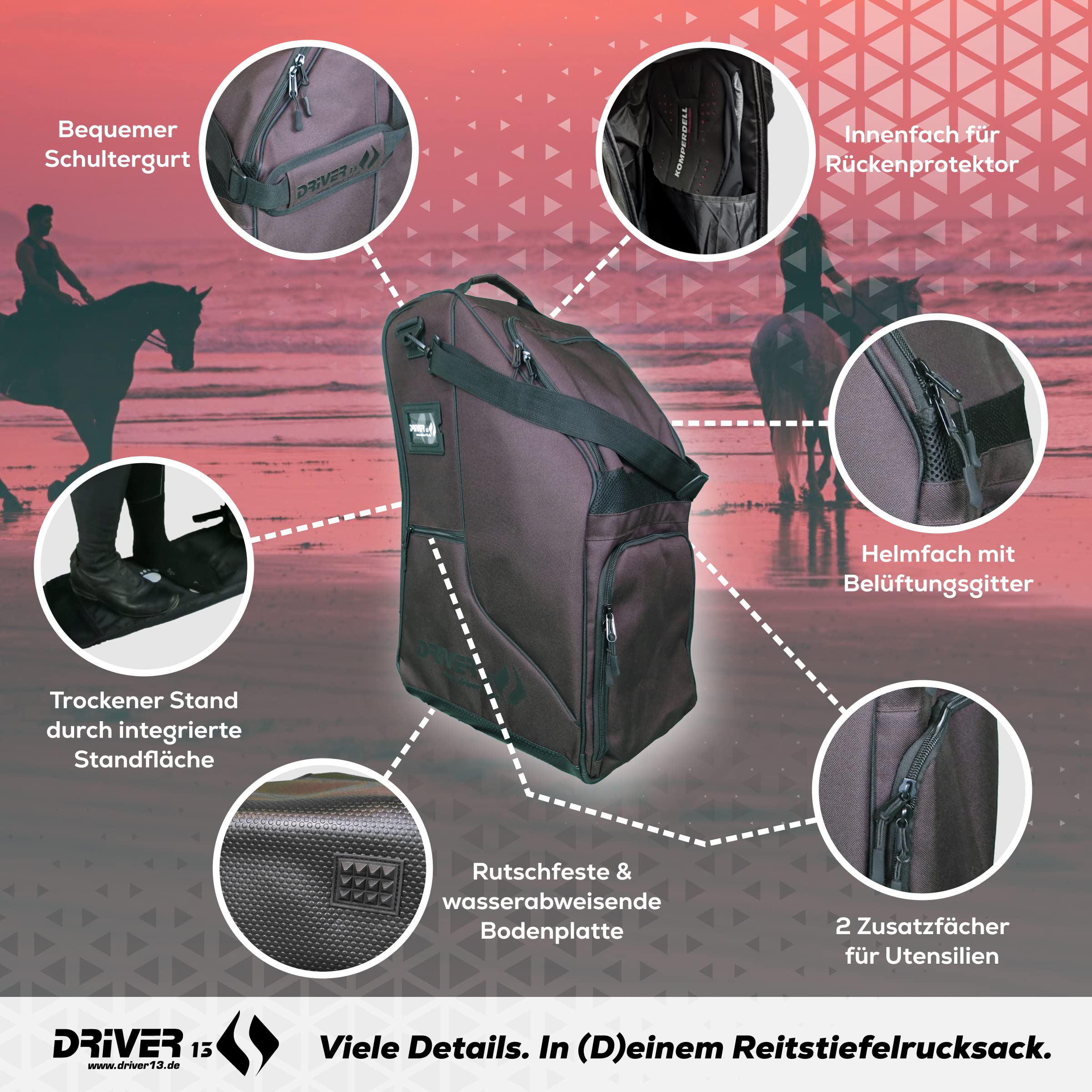 Driver13 borsa stivali equitazione Deluxe con scomparto casco, borsa per stivali fino a 60 cm, tracolla, marrone, 35 x 30 x 60 cm