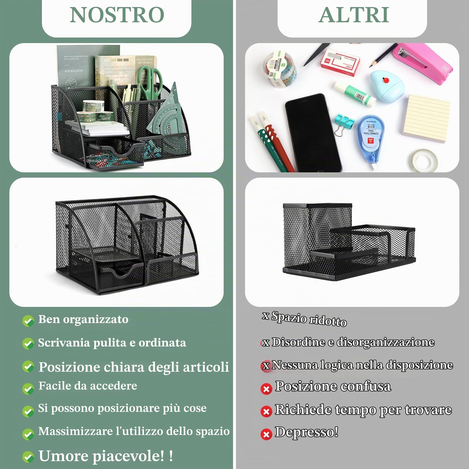 UMILKI Organizzatore da Scrivania, 1 Portaoggetti da Scrivania in Metallocon cassetto+1 Porta Penne per Scrivania, Multifunzione Archiviazione in Rete per la Scuola, Casa, Ufficio