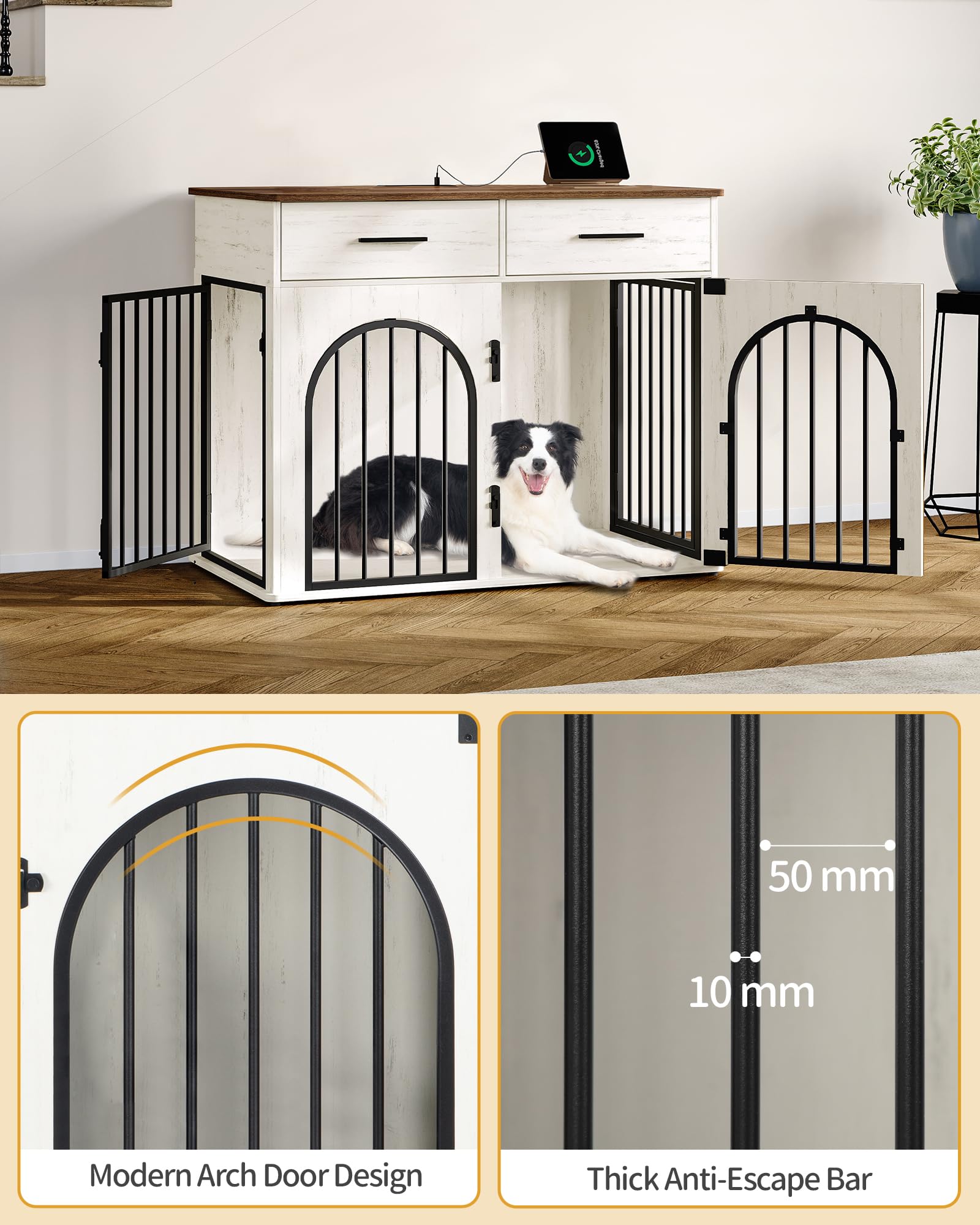 Hzuaneri 100 cm Hundekäfig Möbel mit 2 Schubladen, Hundebox für den Innenbereich mit Ladestation, Hundebox aus Holz Beistelltisch, Hochbelastbar Hundekäfig für Große Hunde, Weiß Braun DFC87214B