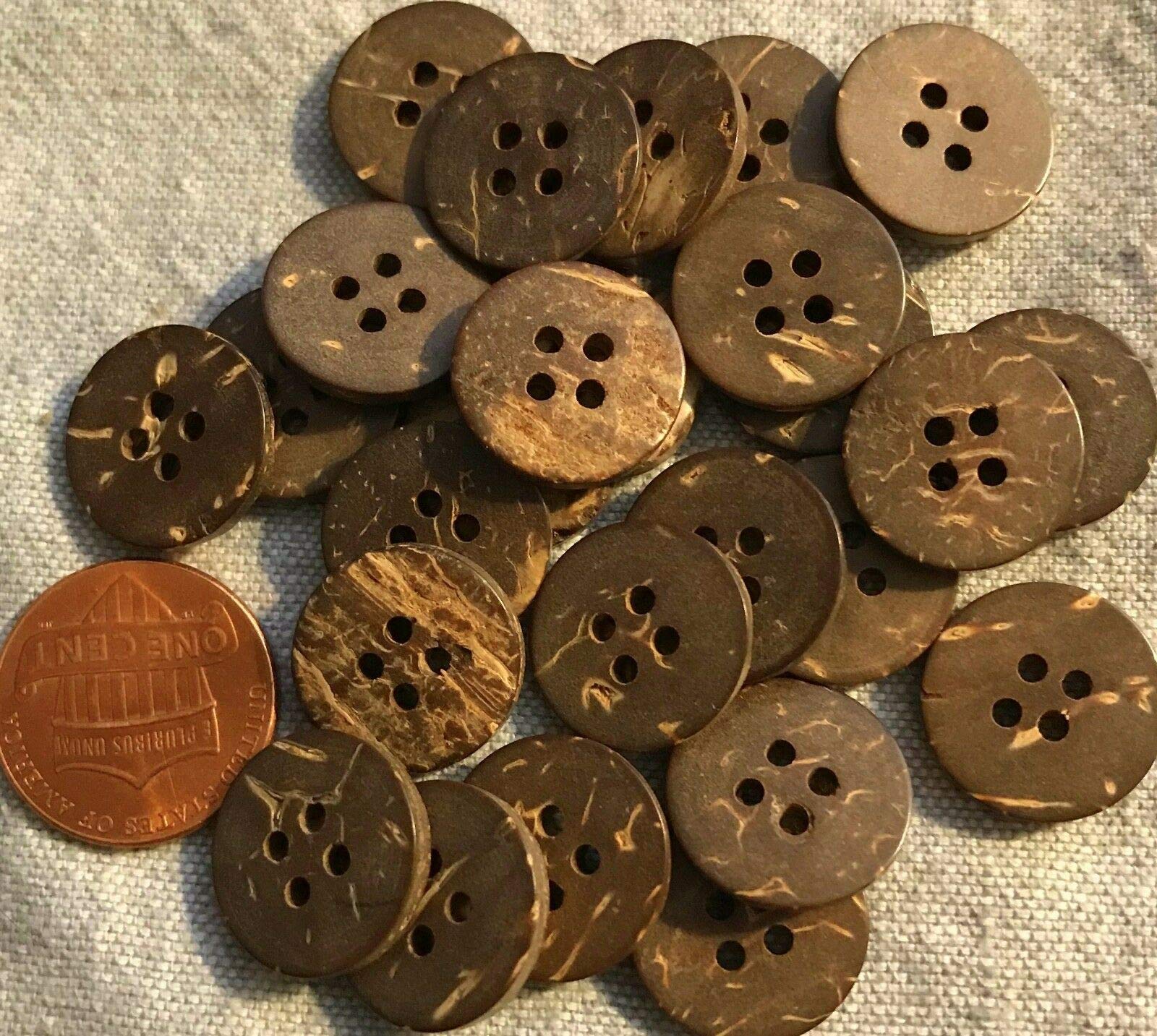 24 Natural Coconut Shell 4-hole Sew-through Shirt Buttons 5/8" 15MM Lot # 3689, Shank Buttons, Vintage Shank Buttons for Crafts Projects, Sewing Buttons