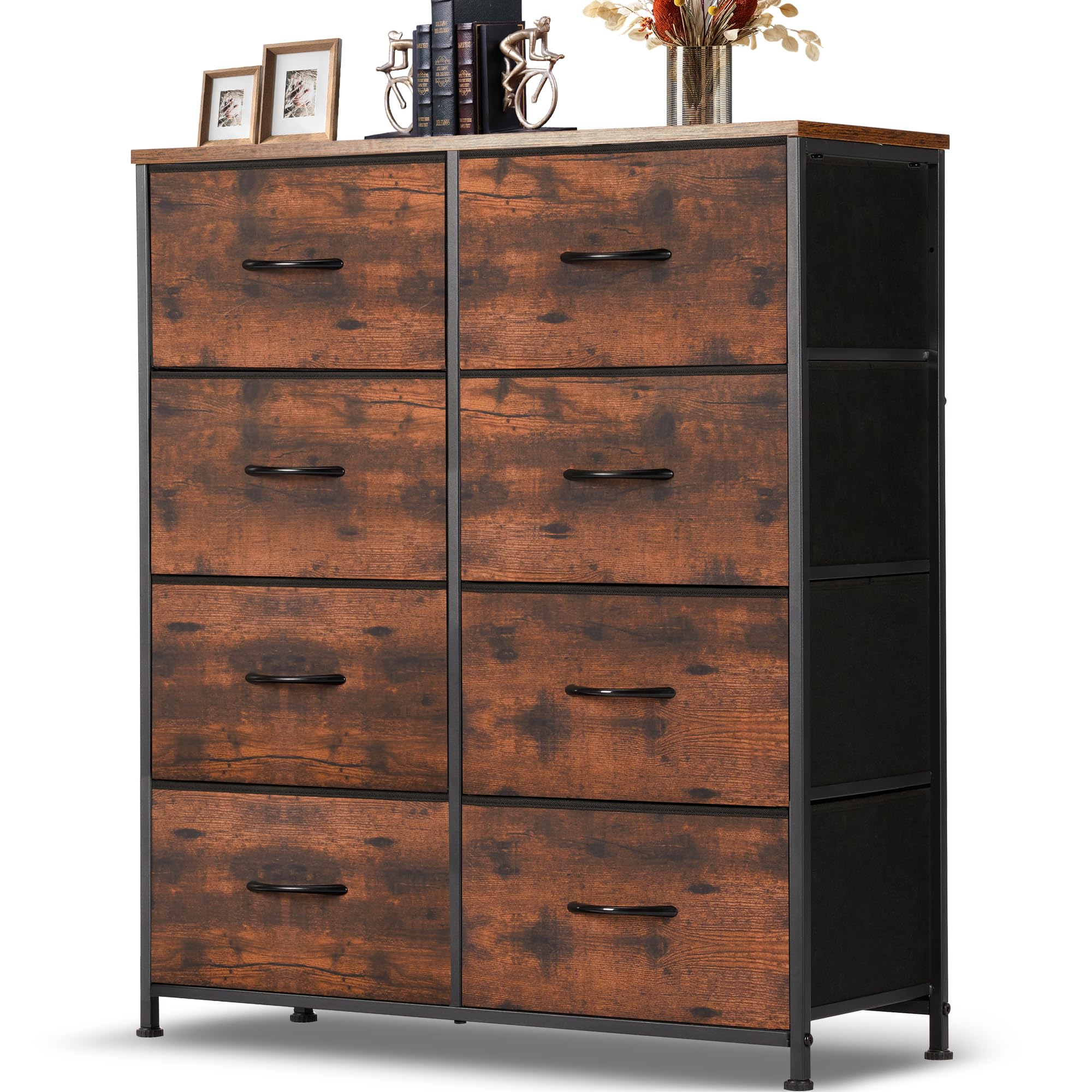 Dresser for Bedroom, 8 Storage Drawers, Tall Fabric Closet Chests Organizer Tower Furniture with Wooden Top Metal Frame for Clothes, Kids Room, Living Room, Hallway, Entryway