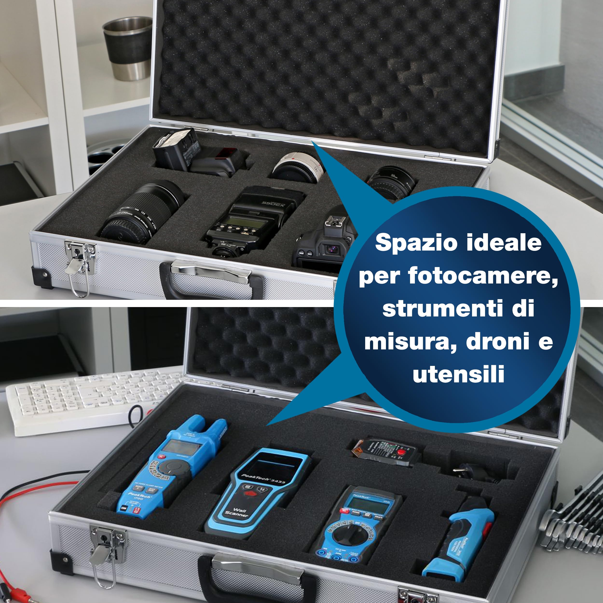Peaktech 7270 - Custodia Universale per Strumenti di Misura, Custodia in Alluminio Resistente, Vano Porta Attrezzi, Imbottitura in Schiuma, con Lucchetto, Antipolvere, XXL - 500 x 350 x 120 mm