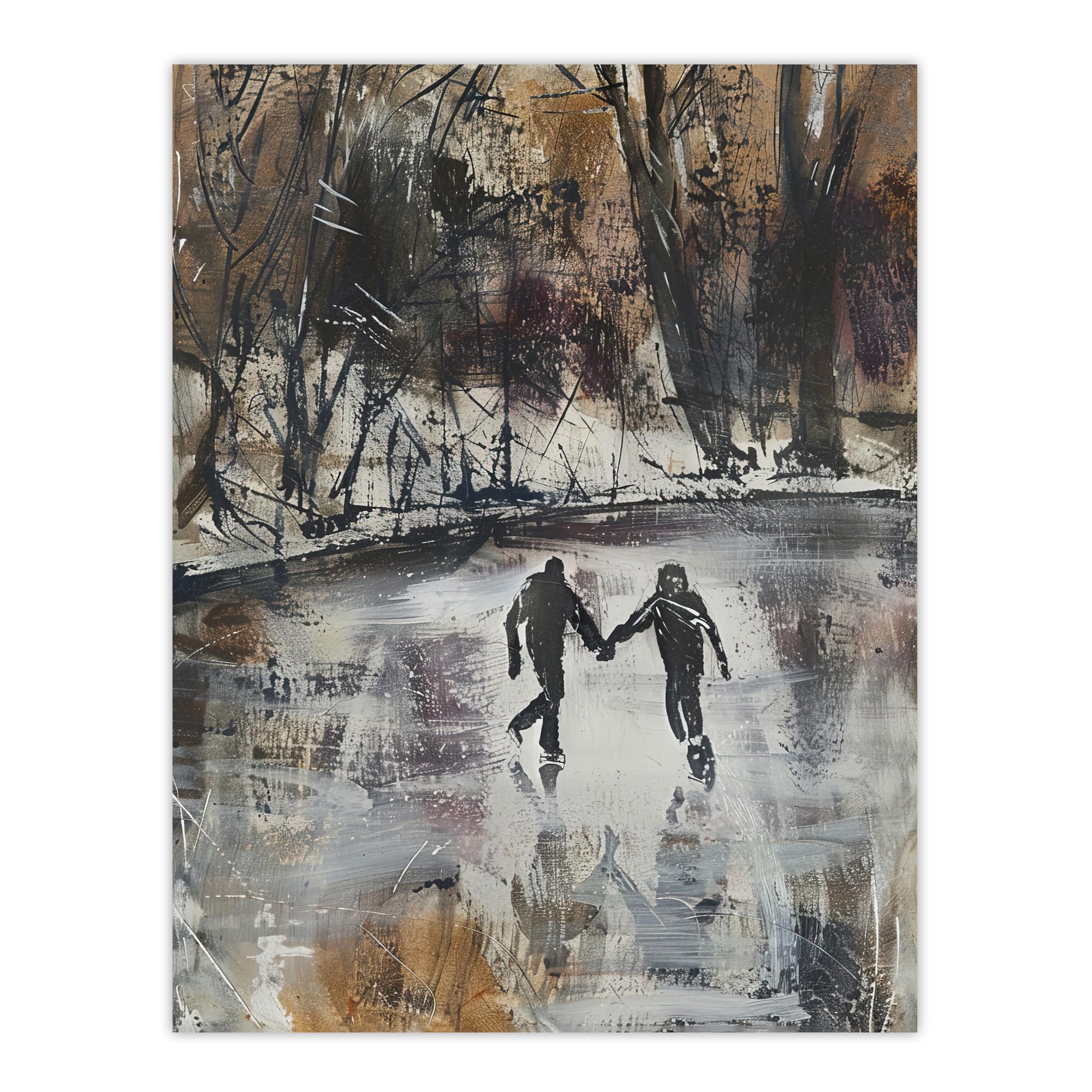 Artery8 - Skaters on Frozen Lake Artwork - Winter Wall Art Print - Grey - W18" x H24"