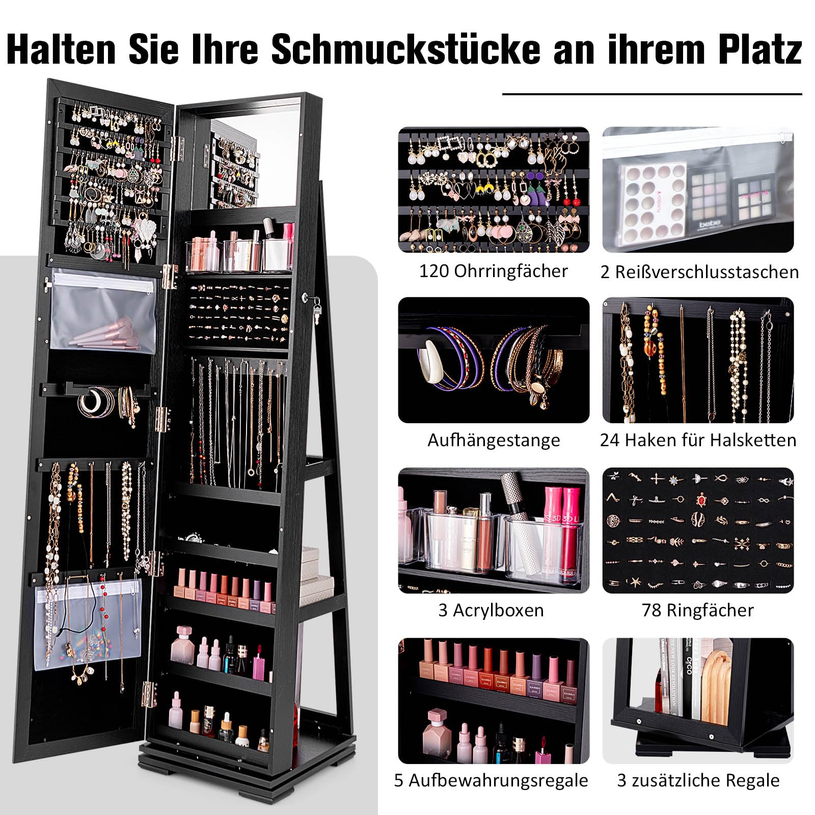 RELAX4LIFE 3-in-1 Schmuckschrank drehbar, mit Ganzkörperspiegel & eingebautem kleinen Spiegel, Spiegelschrank & Schmuckregal, Schrank für Schmuckaufbewahrung, abschließbar (Schwarz)