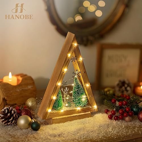 Miniatura 2 de Hanobe Decoración de árbol de Navidad de madera decoraciones de Navidad de mesa con luces para encimera de cocina, decoración de Navidad rústica y