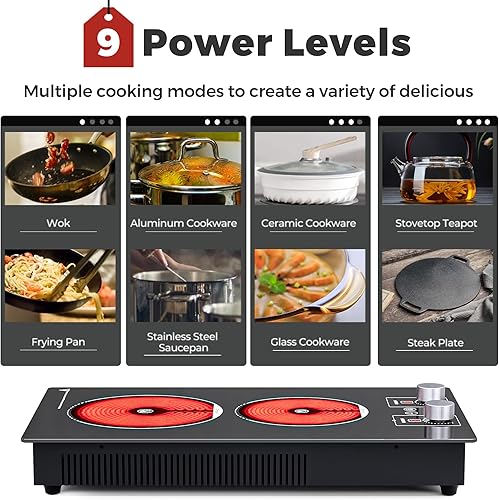 Miniatura 3 de ADVWIN Cocina eléctrica de 2 quemadores, 110 V, 1800 W con control de perilla, encimera de 12 pulgadas e integrada con bloqueo de seguridad para
