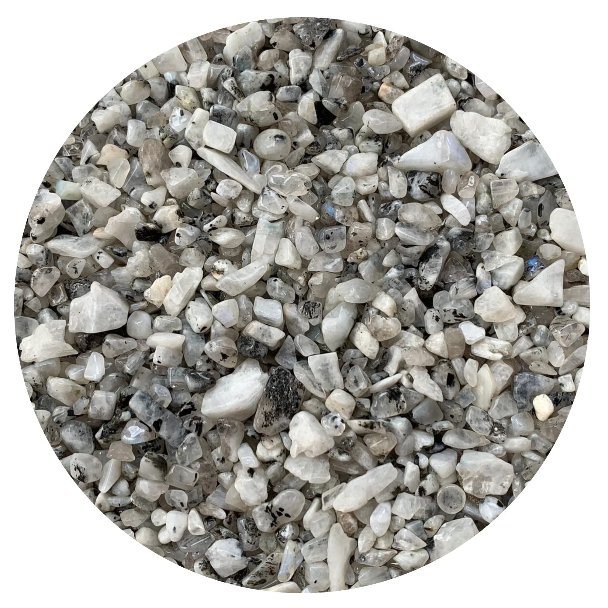 GAF TREASURES 2 oz Lot Natural Semi Tumbled Gemstone Chips, Crushed Mini Crystals, Undrilled Crystal Chips (Rainbow Moonstone)
