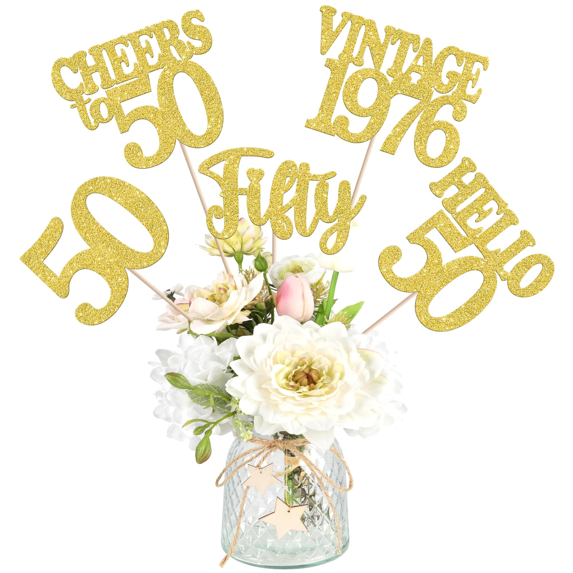 15PCS Happy 50th Birthday Centerpiece Sticks Fifty Vintage 1976 Hello 50 Table Flower Centerpieces Sticks Cheers to 50 Floral Decoration for Happy