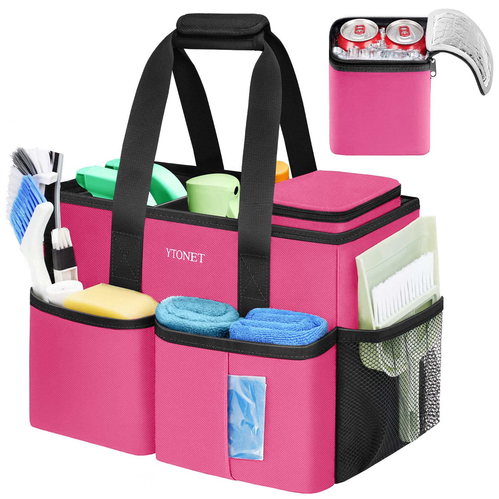 Ytonet Cleaning Caddy, Water Resistant Cleaning Supplies Organizer with Handle & Foldable Divider for Cleaners, Housekeeping Tote for Kitchen & Bathroom, Car Tool Caddy Organizer Bag, Rosered