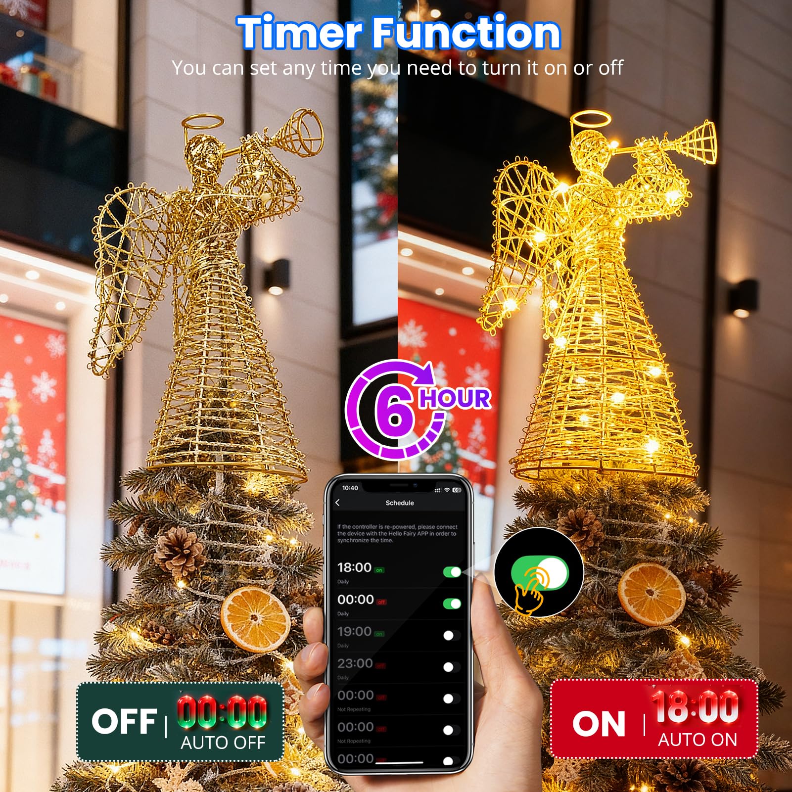 Weihnachtsbaumspitze mit goldfarbenem Glitzer und Trompete, 3D-Golddrahtrahmen, Engel mit mehrfarbigen LED-Lichtern, Smart-App-Steuerung und Musik-Synchronisation, beleuchtete Weihnachtsbaumspitze für