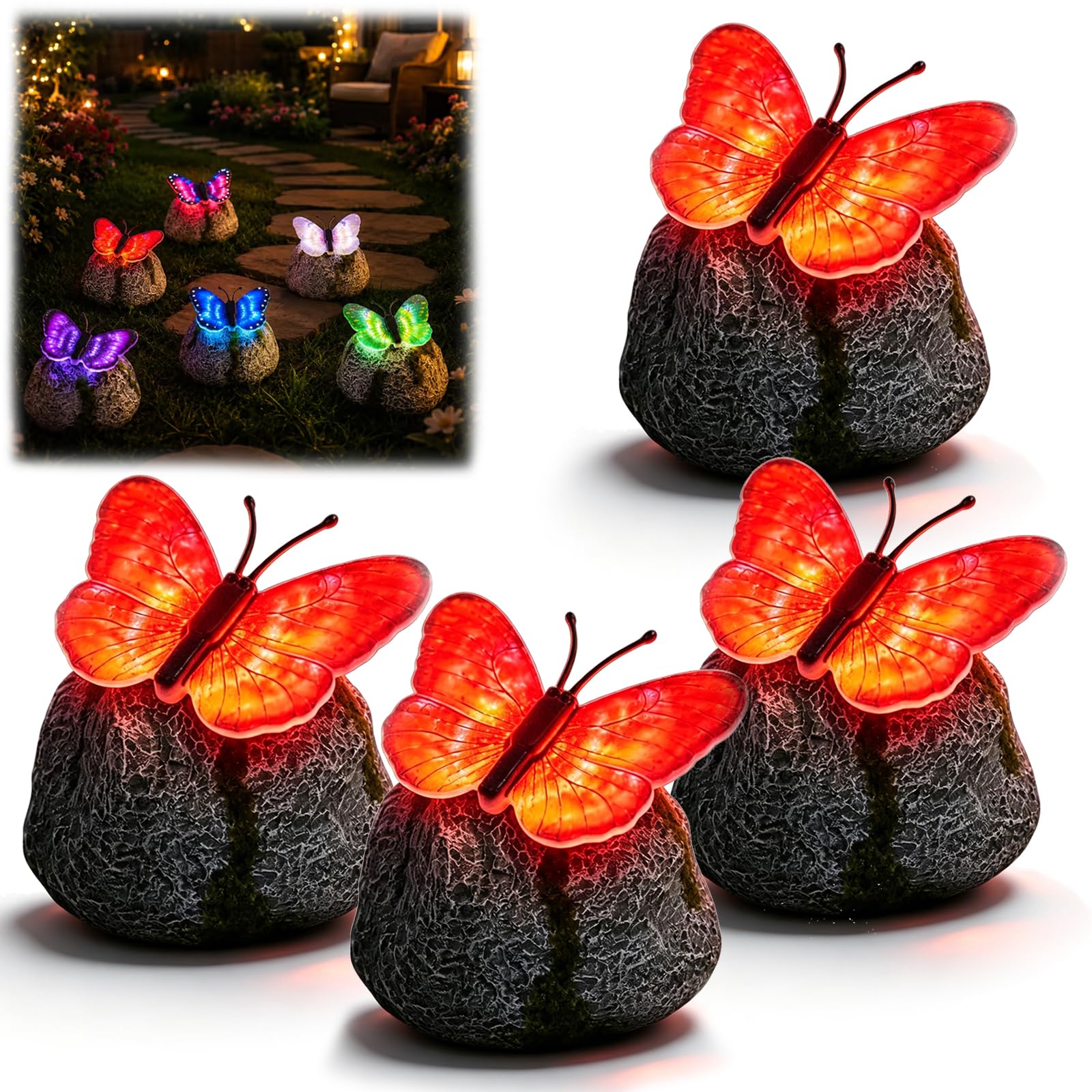 ELMVAR Illuminated Butterfly Stone Garden Light, Solar LED Powered Outdoor Decor, Waterproof Resin Butterfly Statue, Glowing Yard Ornament for Patio Lawn Flower Bed (Red,8)