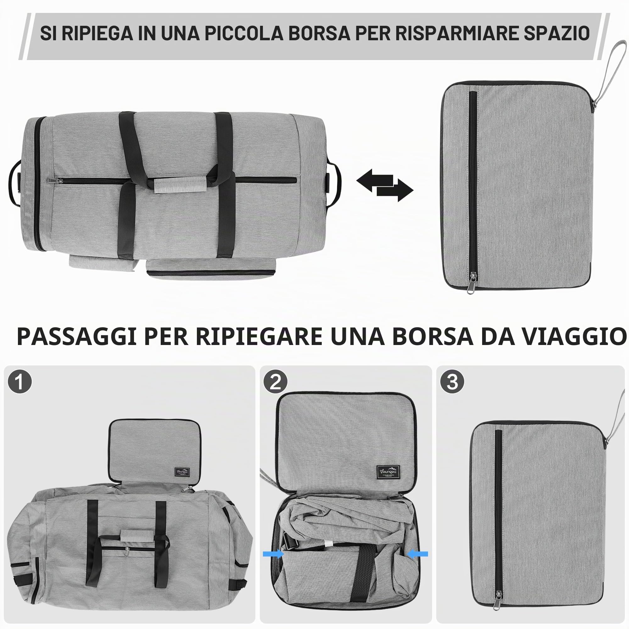 120L Borsone da Viaggio Pieghevole per Uomo e Donna, Grande Borsa Palestra con Scomparto per Scarpe, Borsa Sportiva Leggera e Impermeabile, Grigio